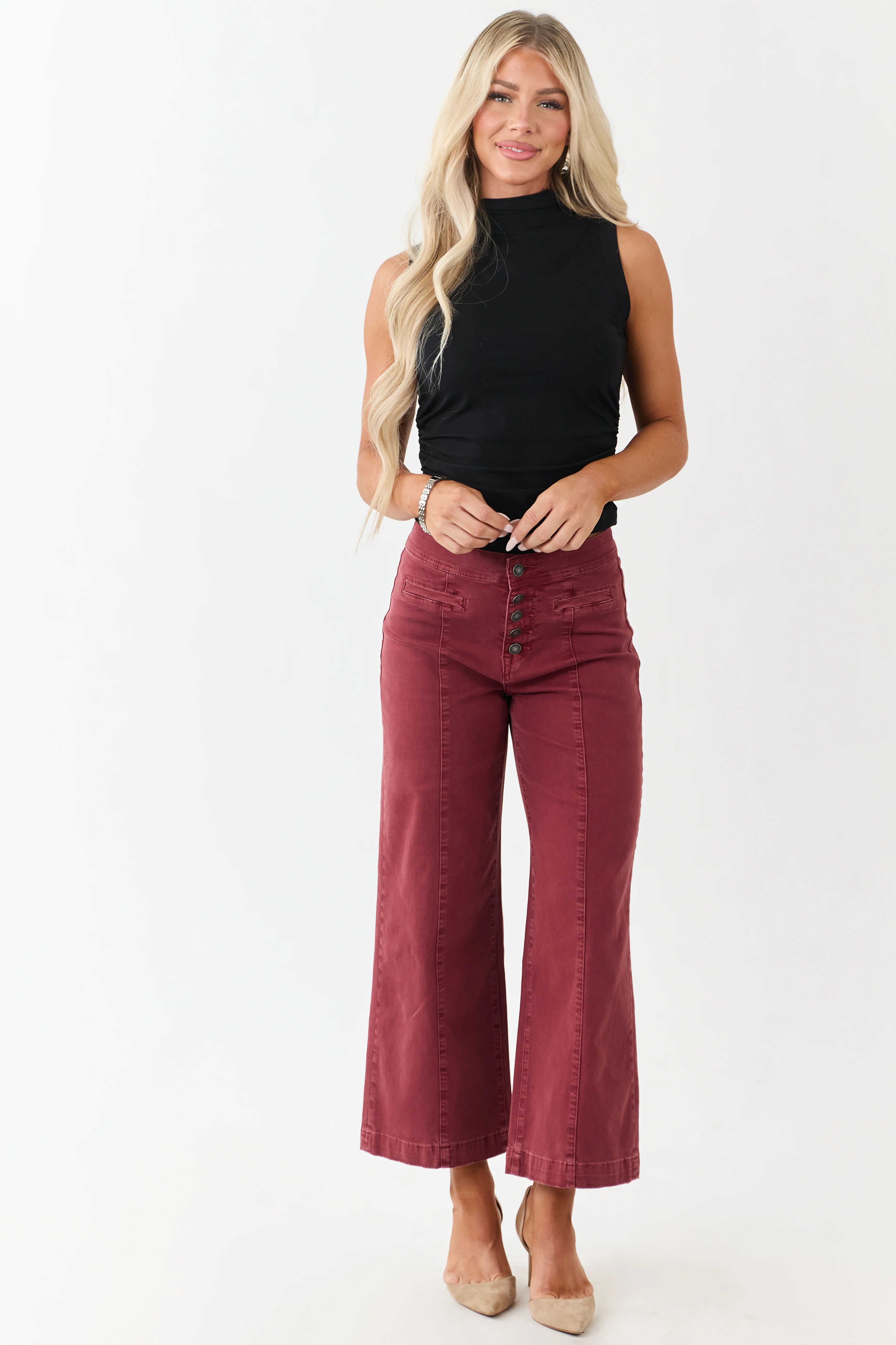 Mica Denim Faded Maroon Stretchy Wide Leg Crop Jeans - Image 6