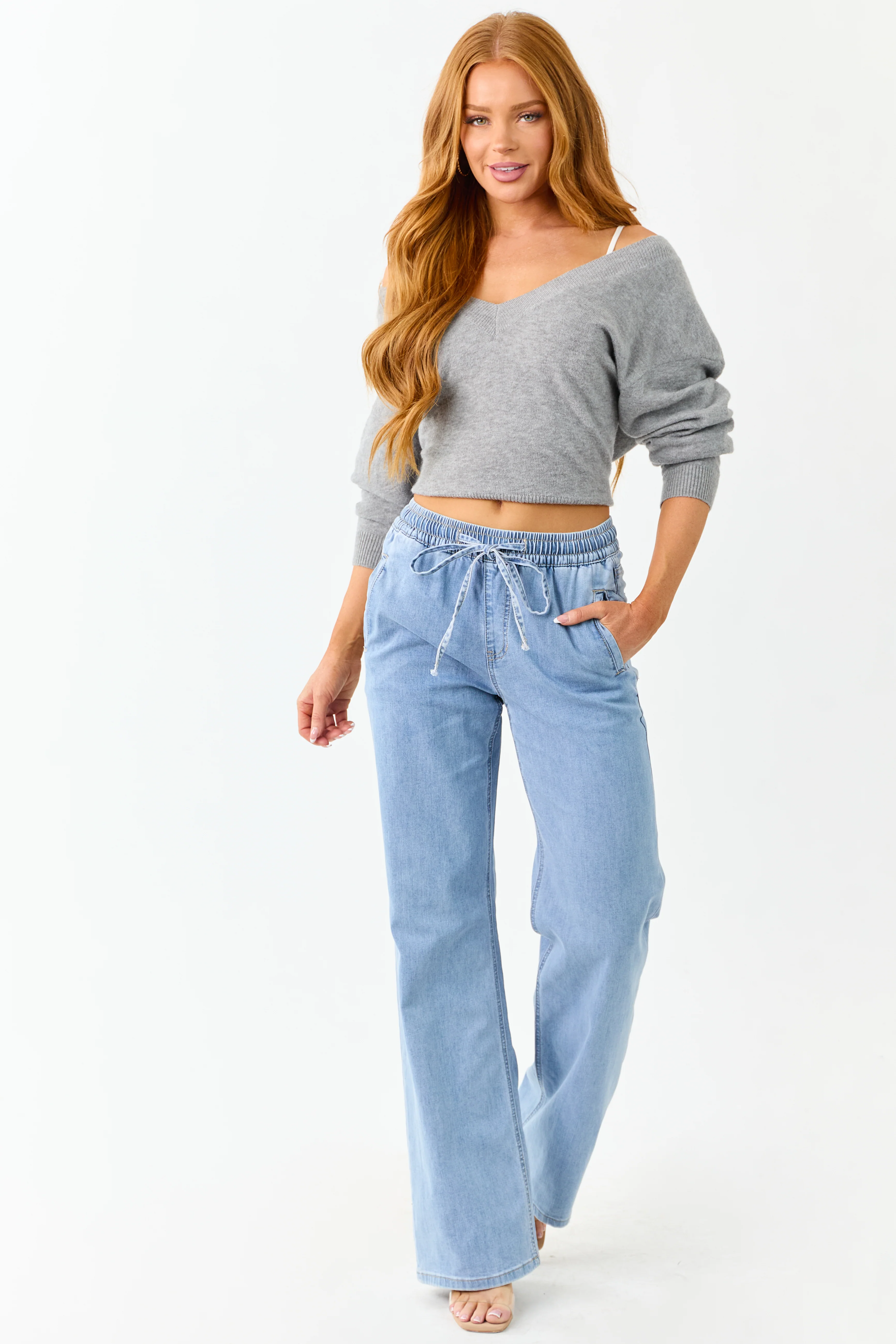 Mica Denim Light Stretchy Smocked Waist Wide Jeans - Image 7