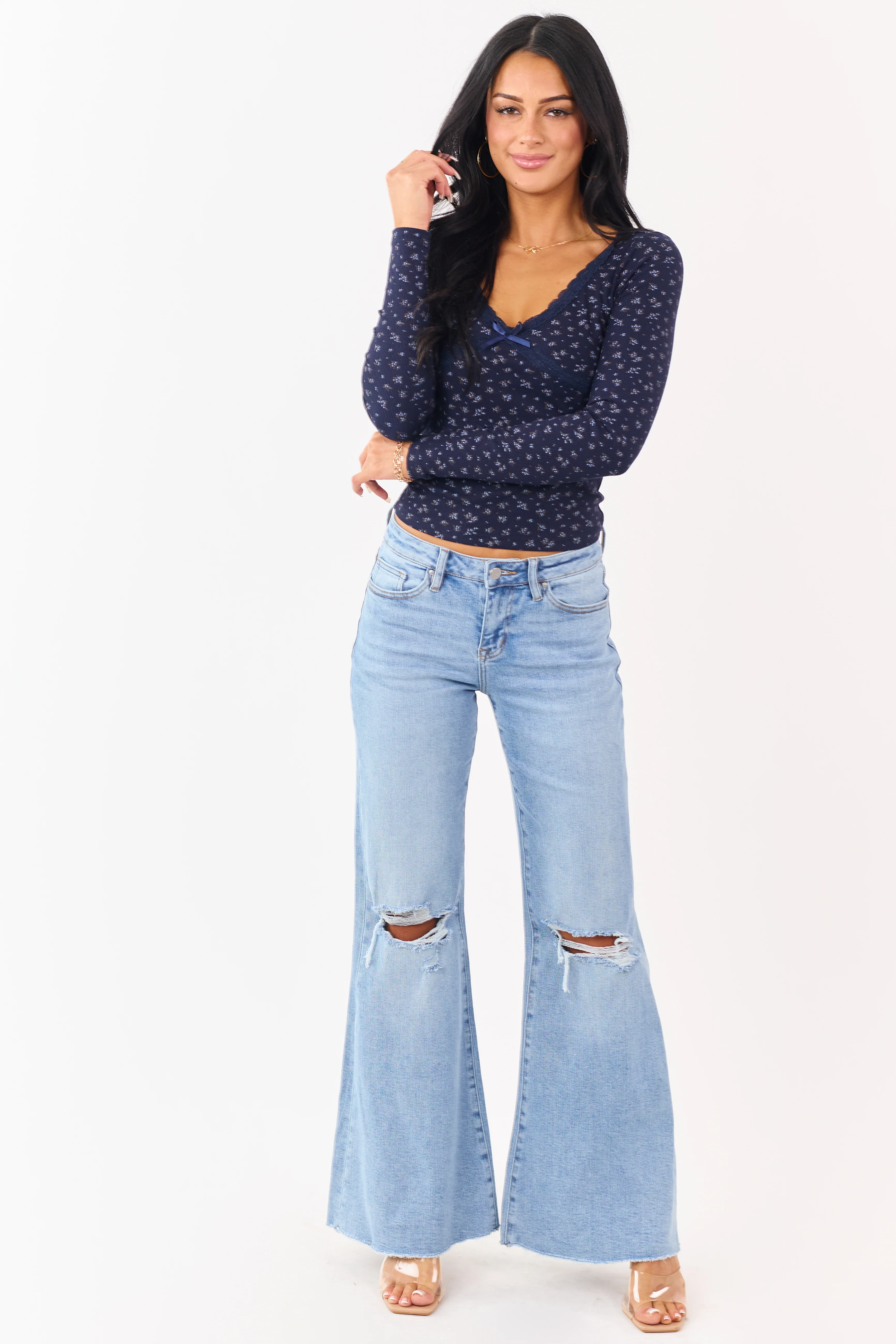 Mica Denim Light Wash Stretchy Wide Flare Leg Jeans - Image 2