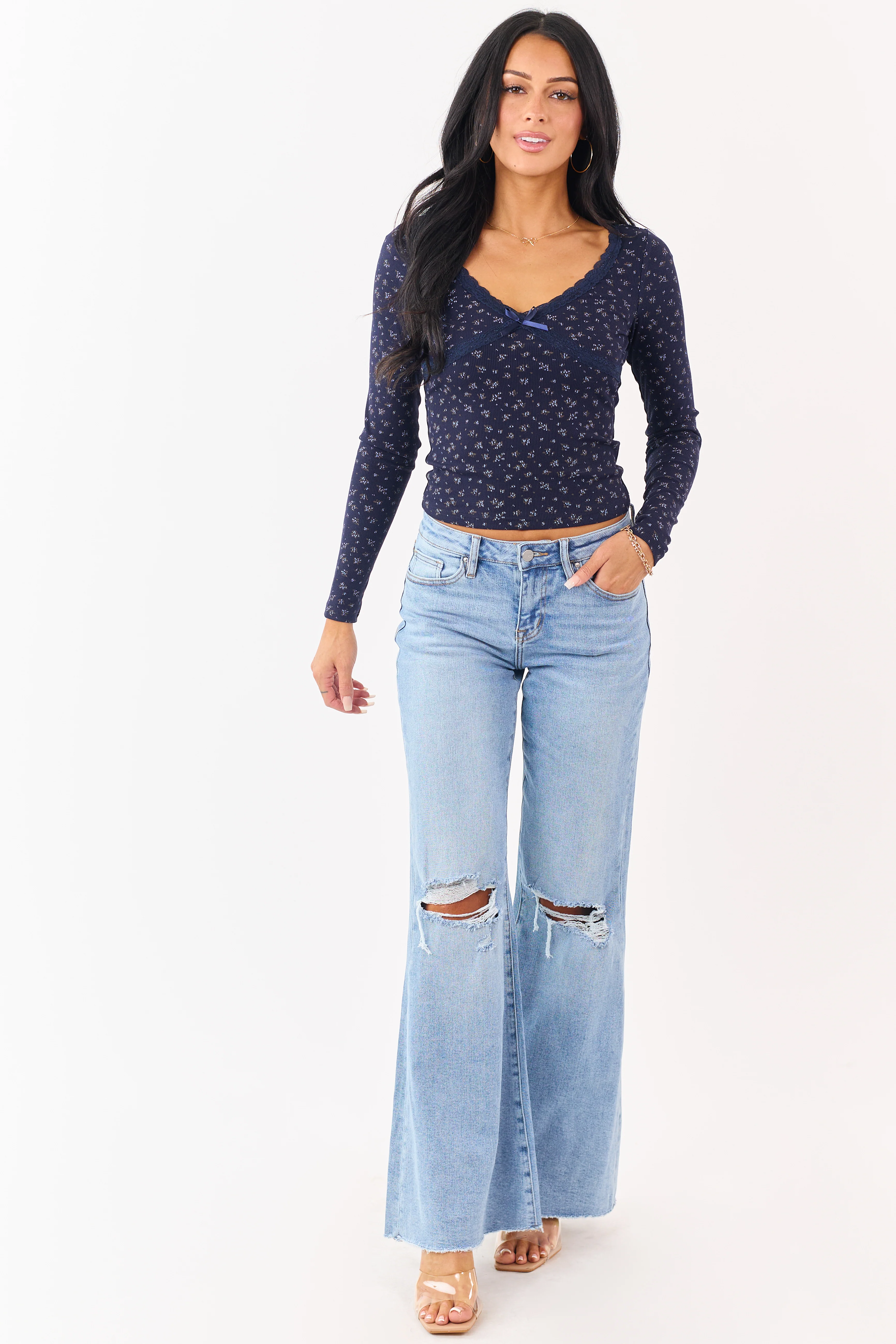 Mica Denim Light Wash Stretchy Wide Flare Leg Jeans - Image 7