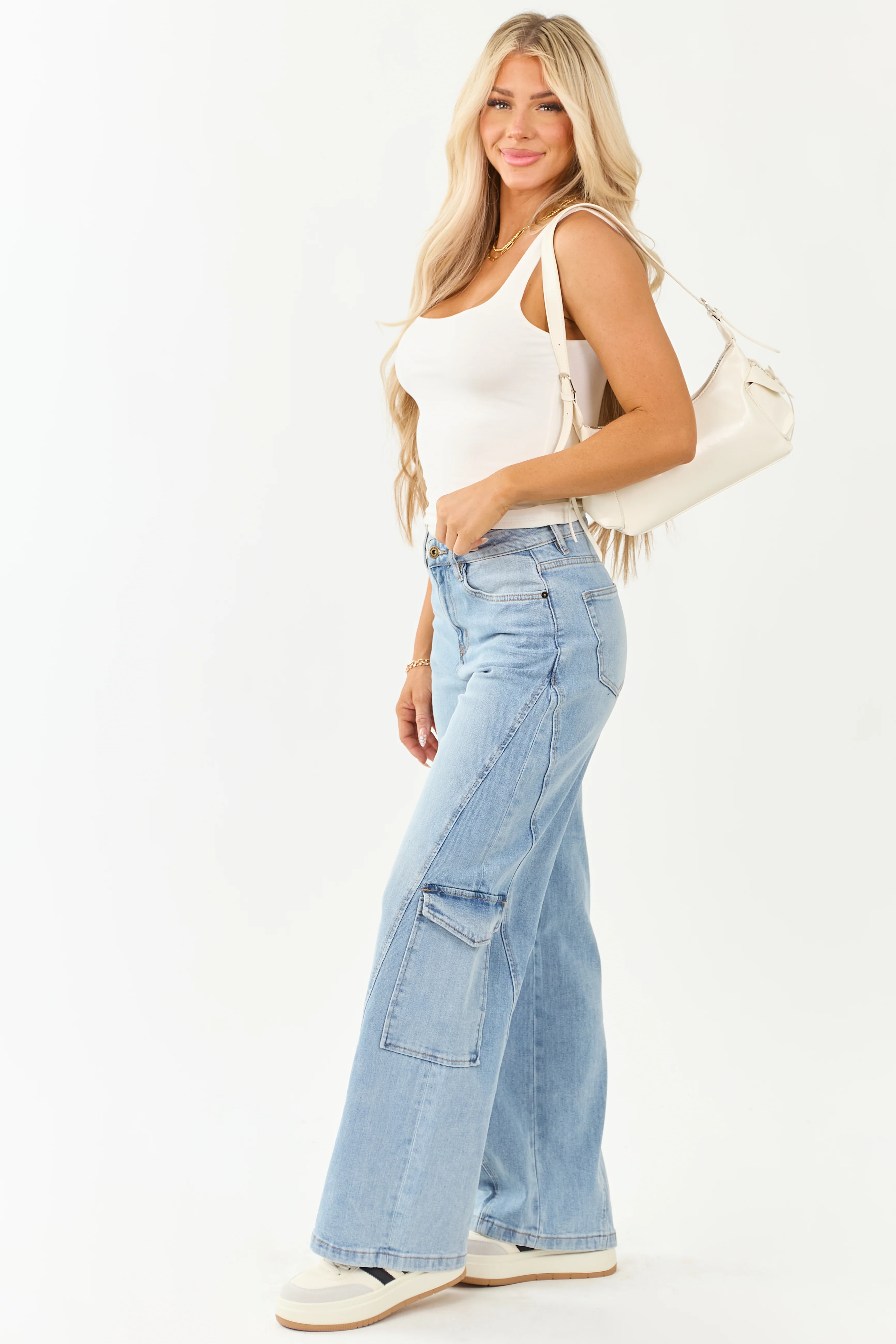 Mica Denim Light Wash Wide Leg Cargo Jeans - Image 6