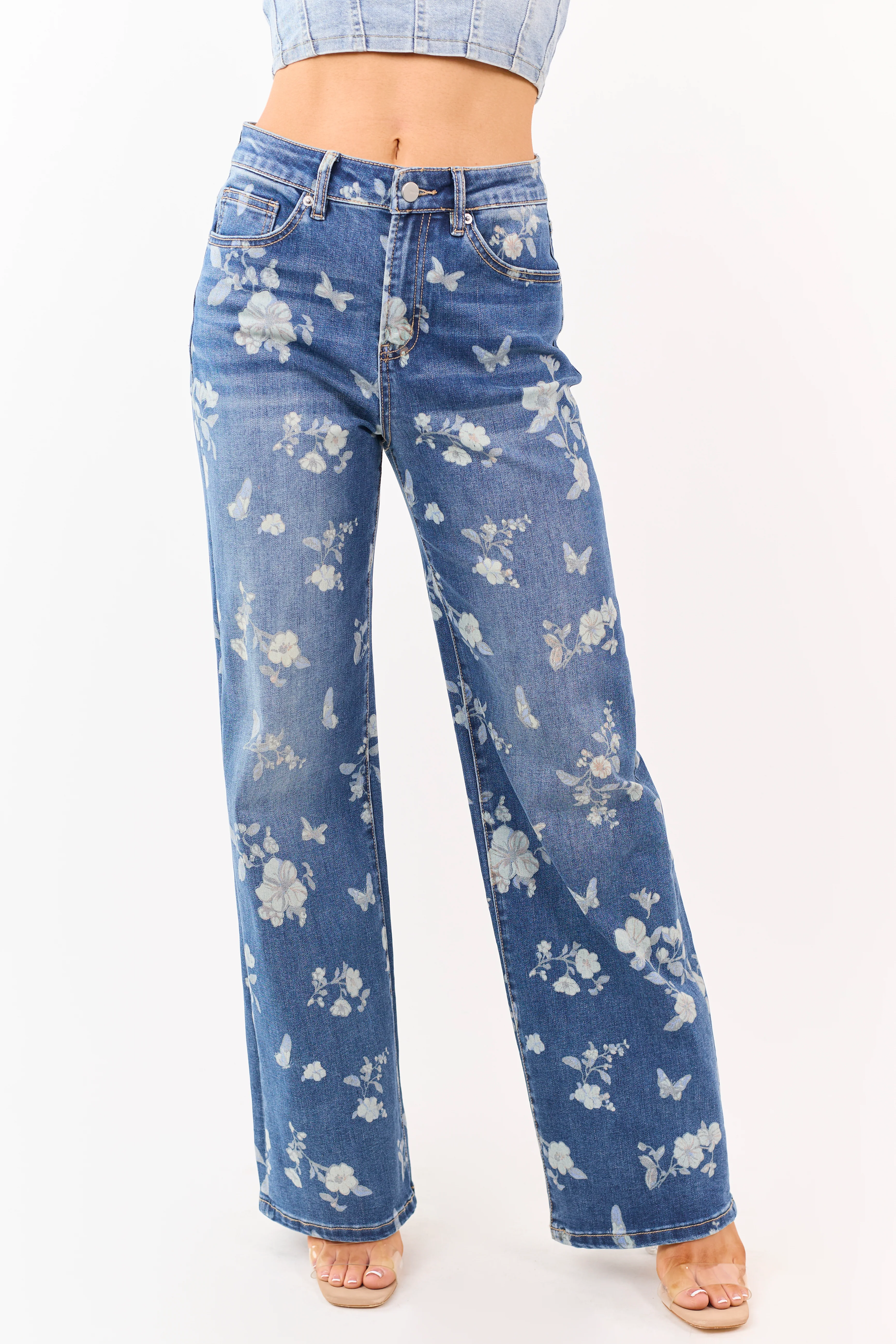 Mica Denim Medium Wash Floral Stretchy Wide Leg Jeans - Image 3
