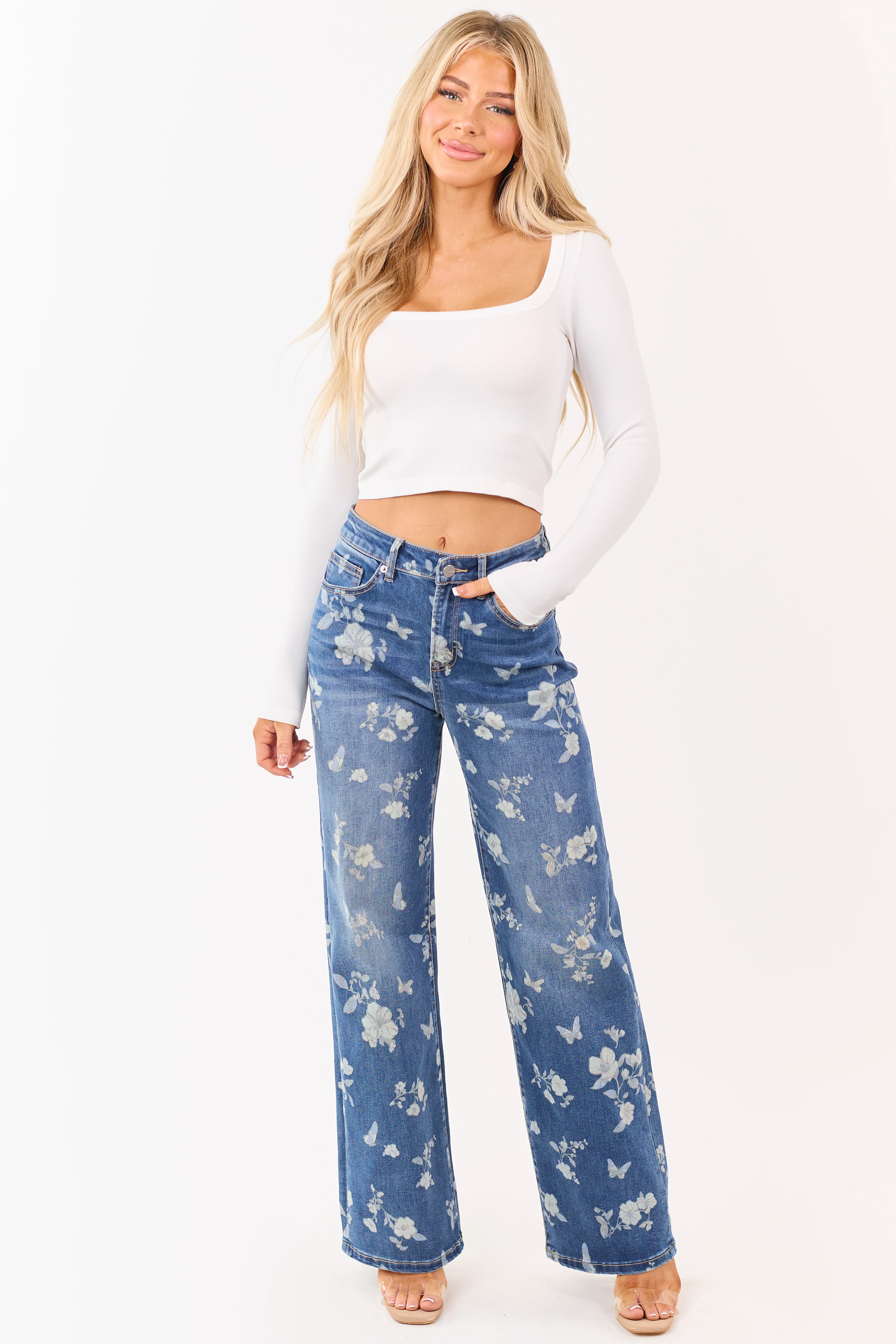 Mica Denim Medium Wash Floral Stretchy Wide Leg Jeans - Image 4