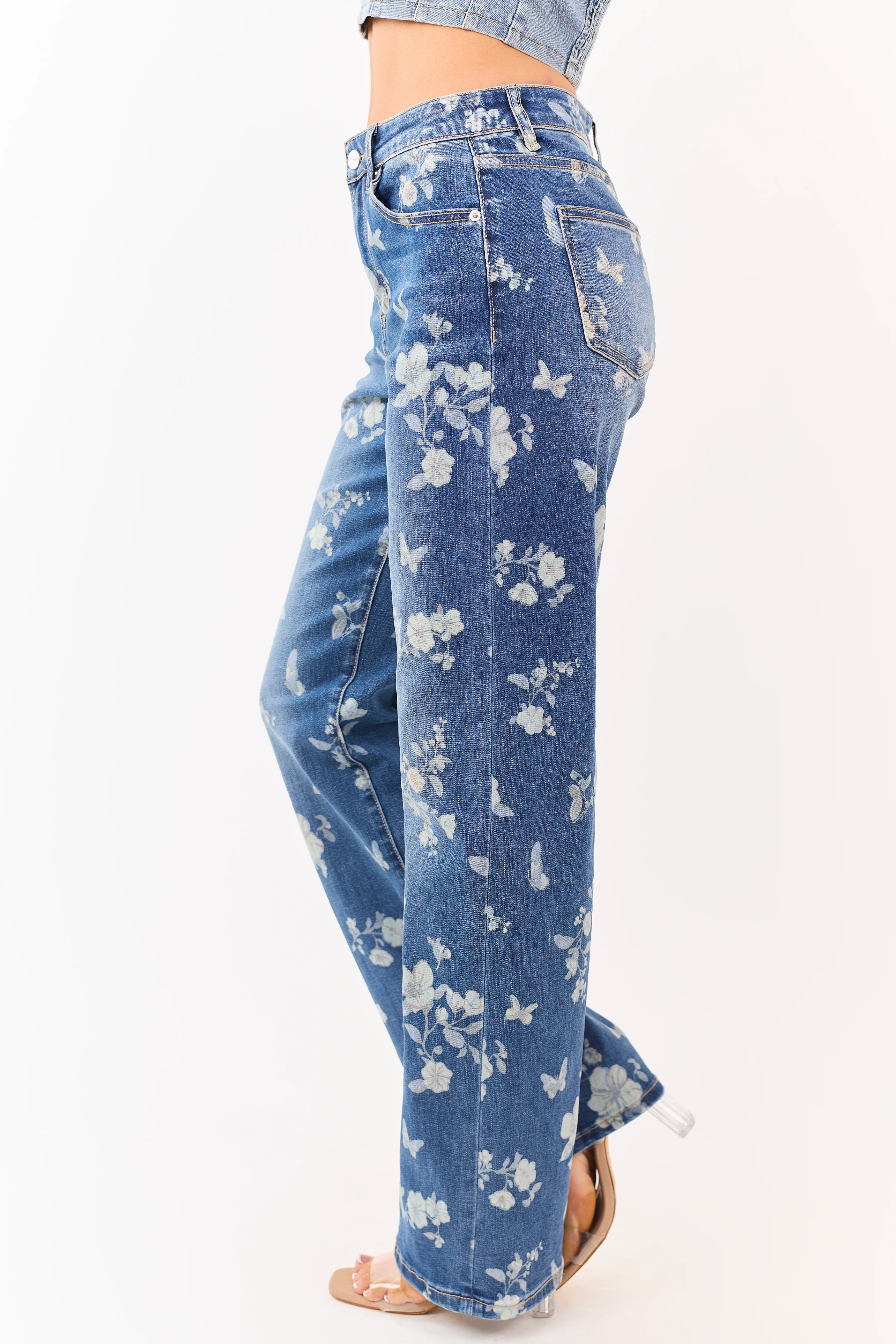 Mica Denim Medium Wash Floral Stretchy Wide Leg Jeans - Image 5