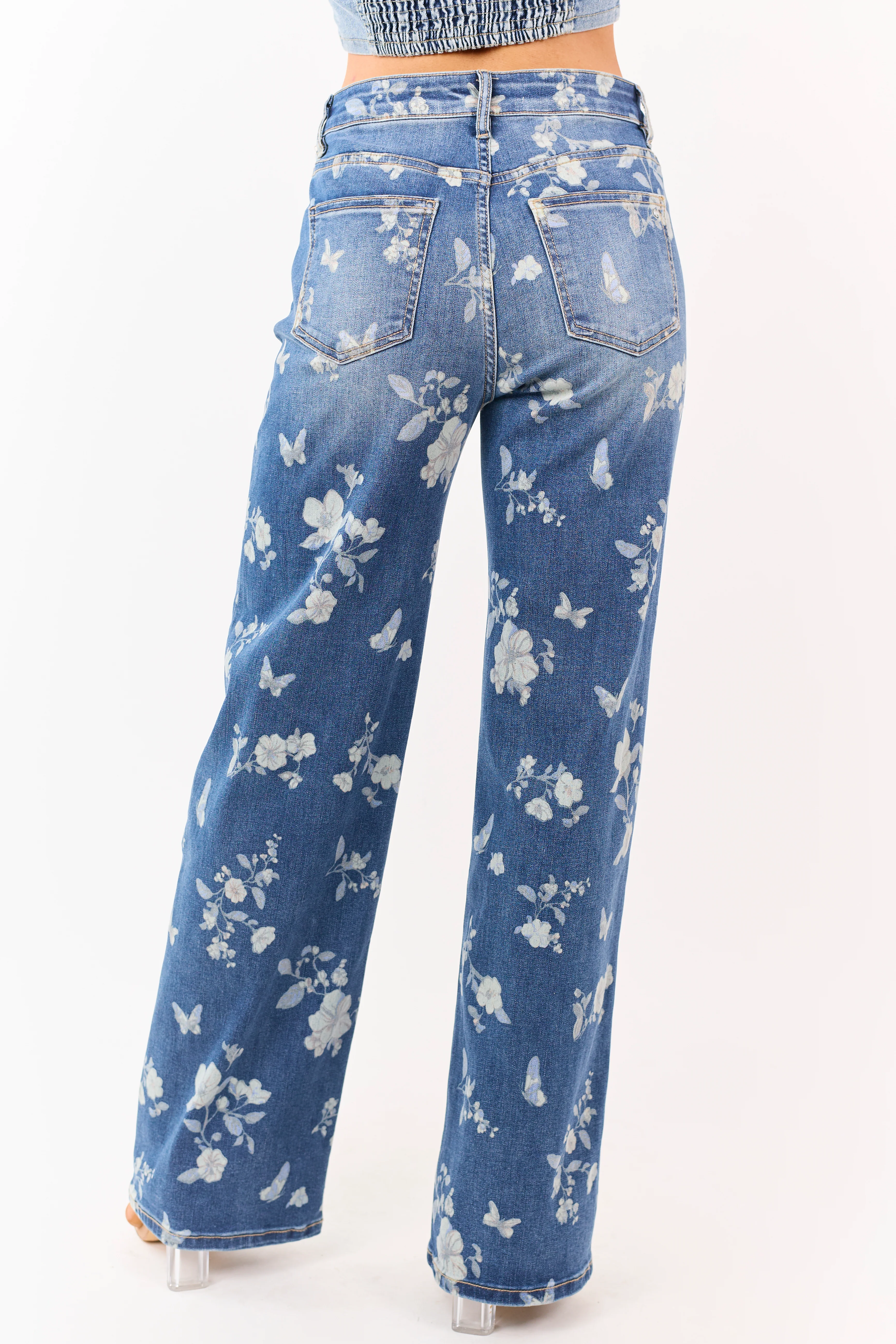 Mica Denim Medium Wash Floral Stretchy Wide Leg Jeans - Image 6