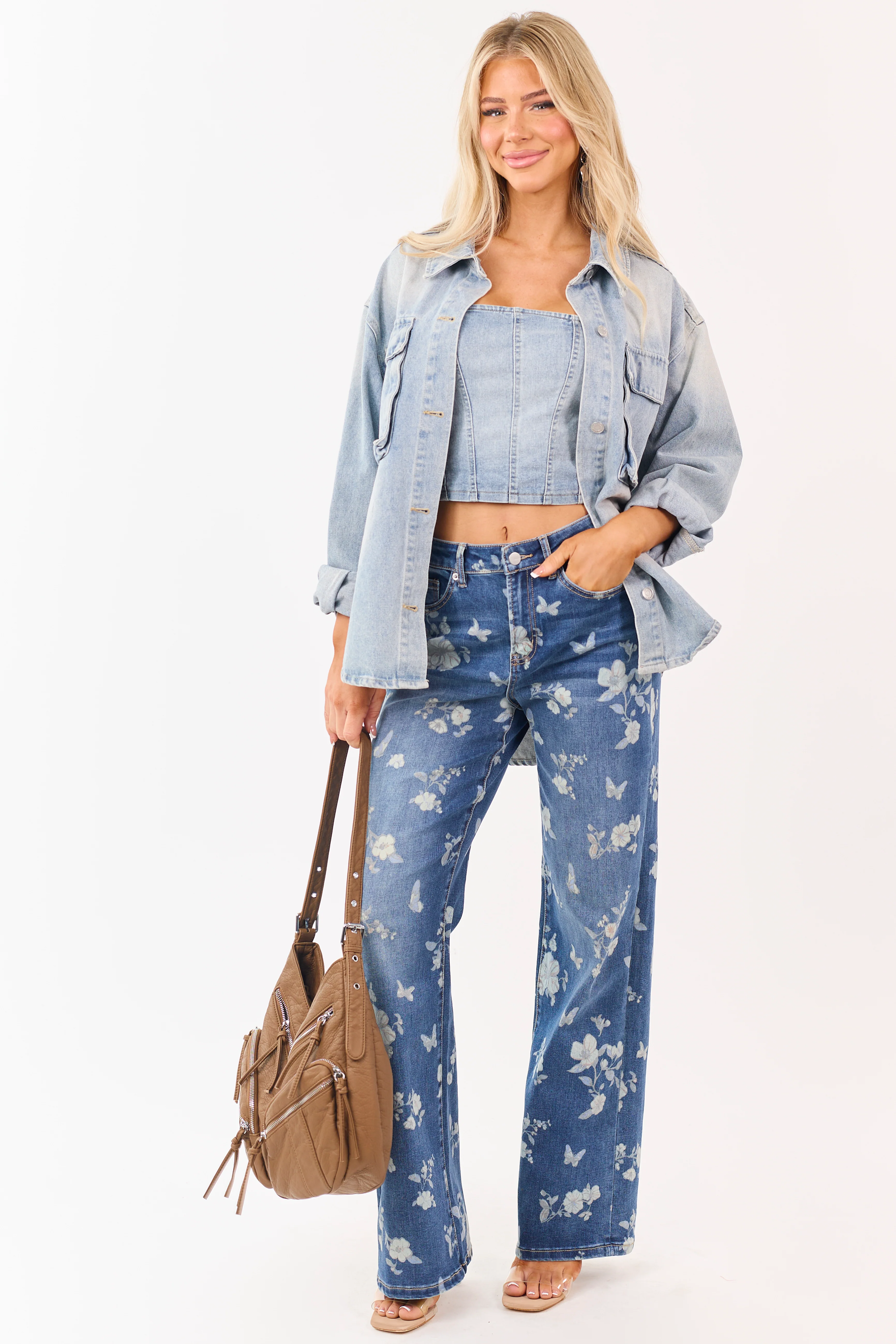 Mica Denim Medium Wash Floral Stretchy Wide Leg Jeans - Image 9