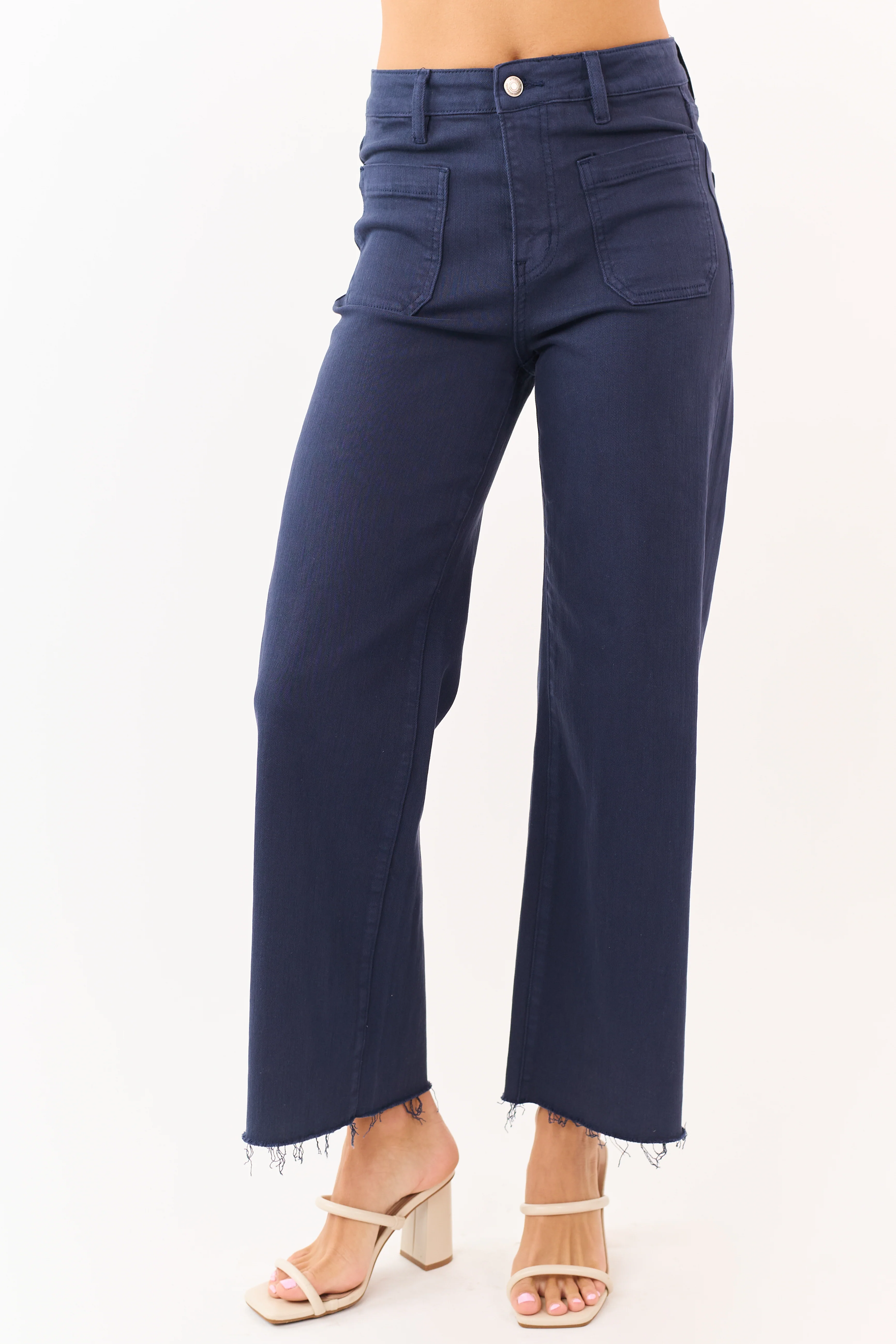 Mica Denim Navy Stretchy Raw Hem Wide Leg Jeans