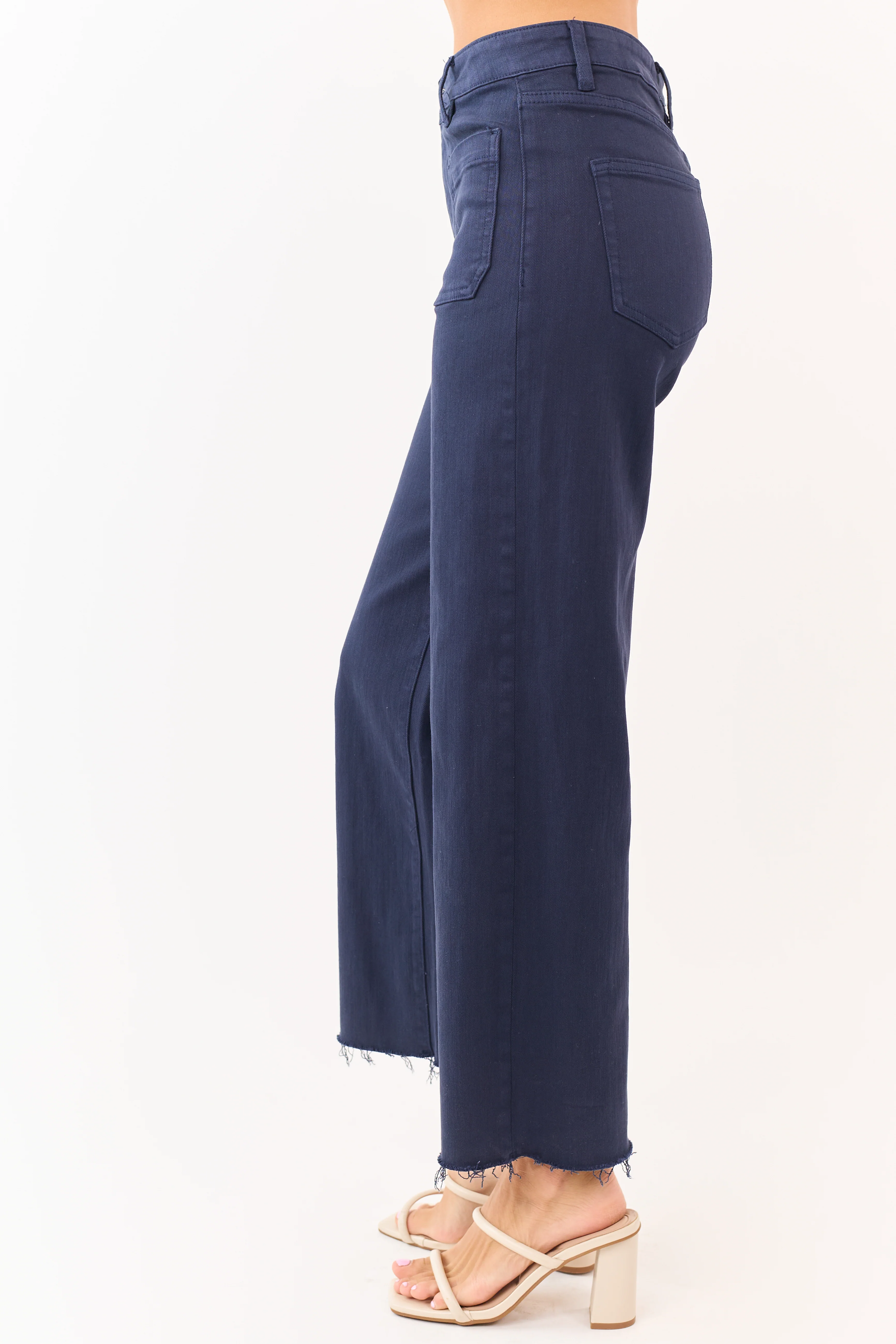 Mica Denim Navy Stretchy Raw Hem Wide Leg Jeans - Image 3