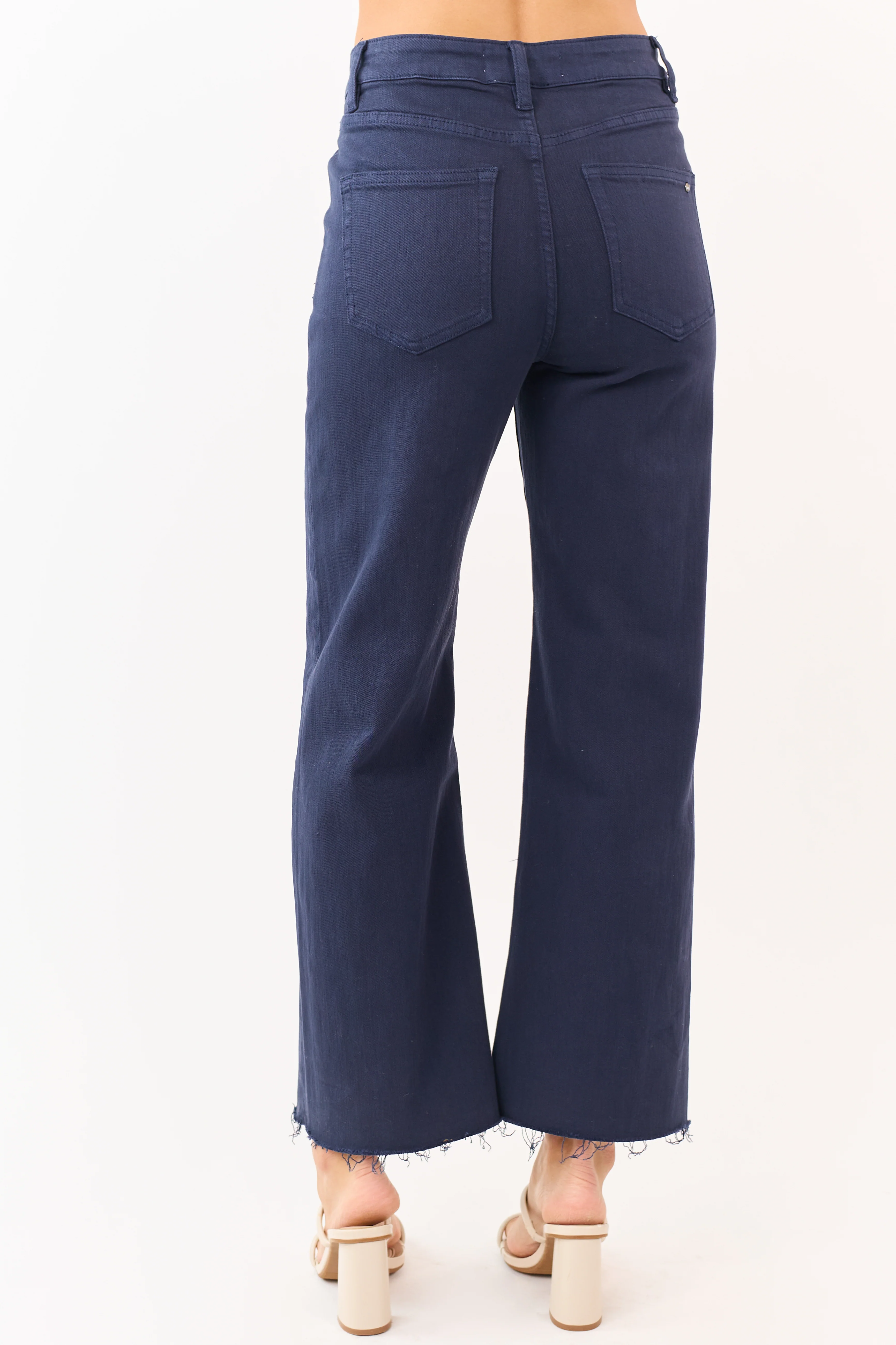 Mica Denim Navy Stretchy Raw Hem Wide Leg Jeans - Image 4