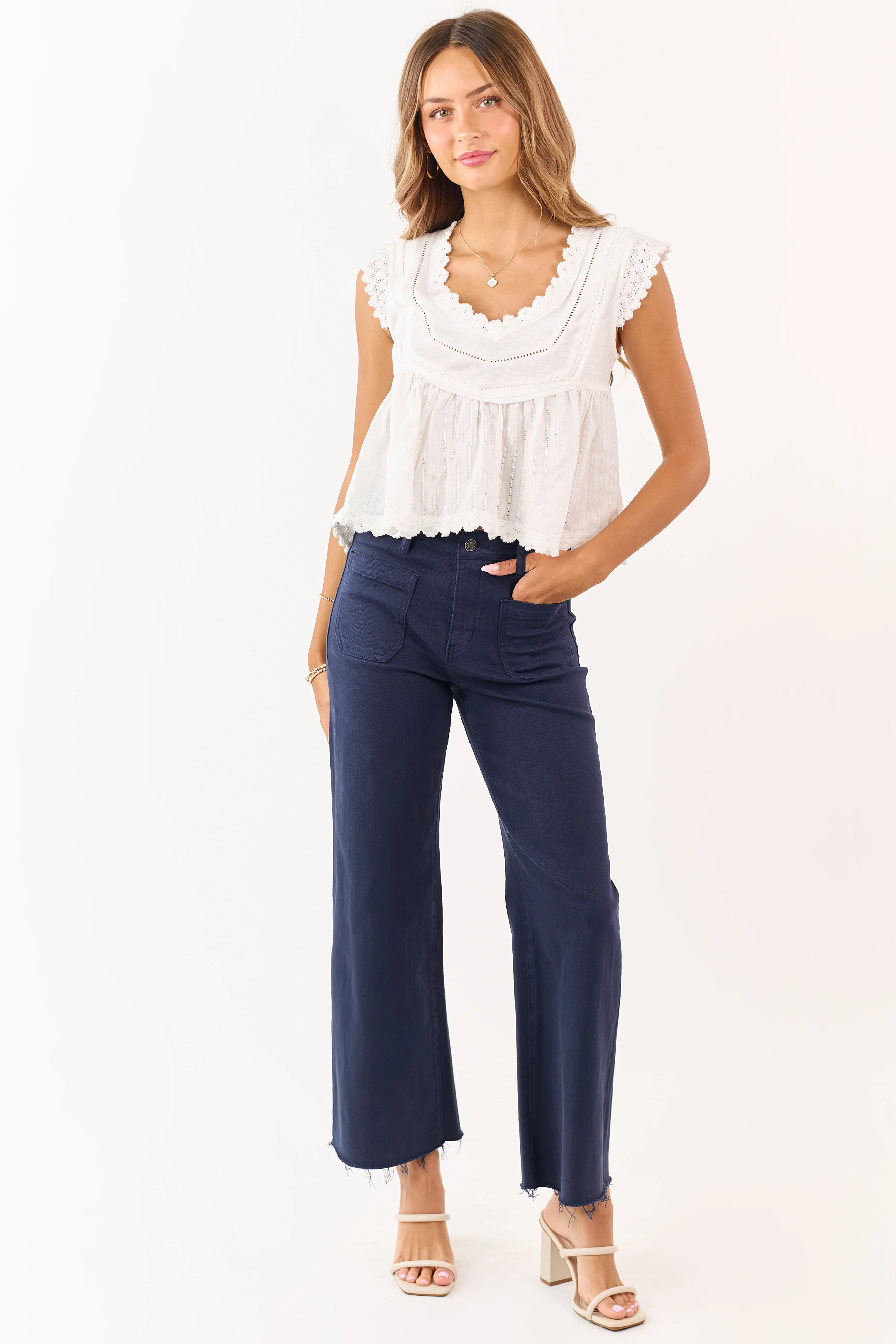 Mica Denim Navy Stretchy Raw Hem Wide Leg Jeans - Image 5