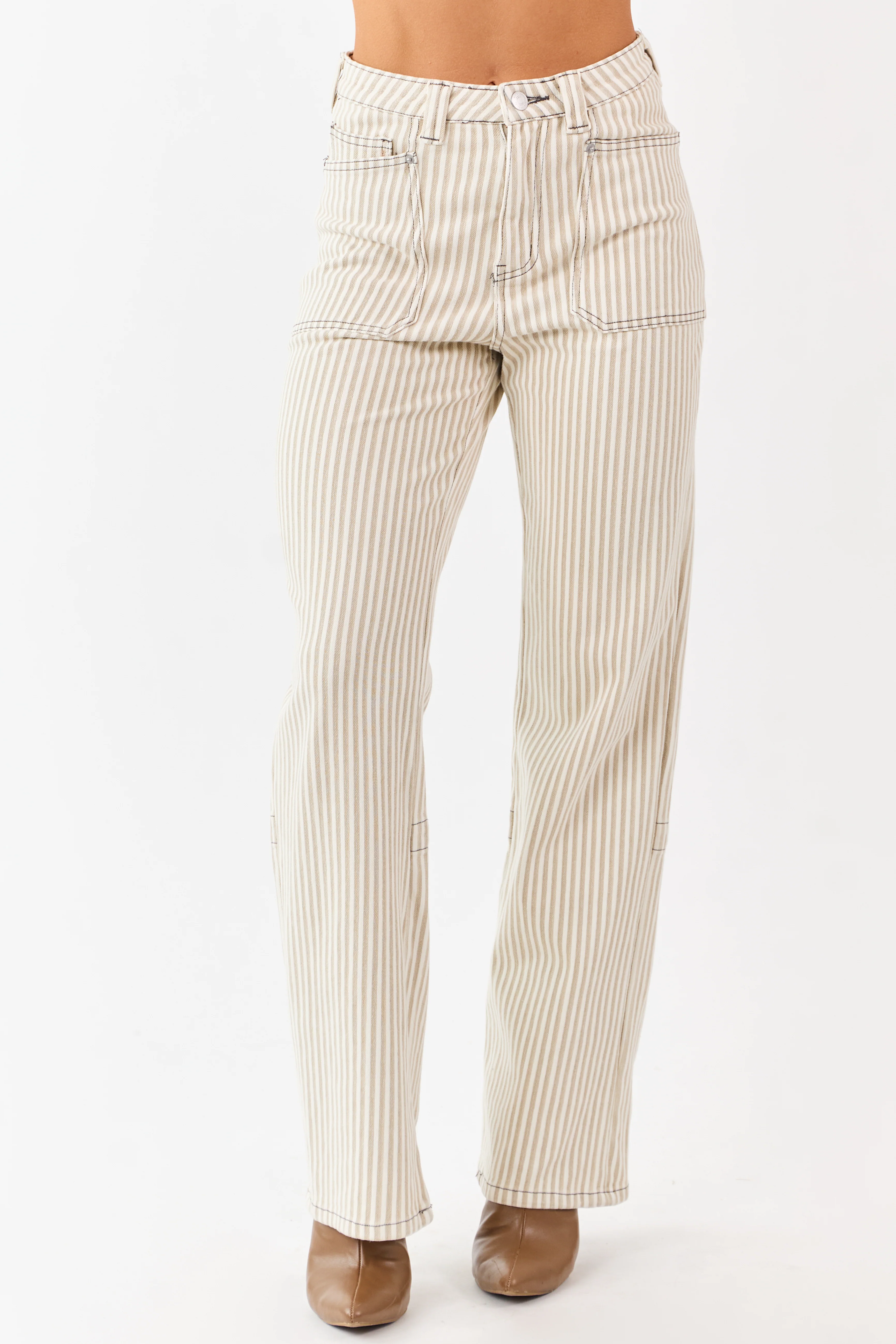 Mica Denim Oatmeal Striped Stretchy Straight Pants - Image 4