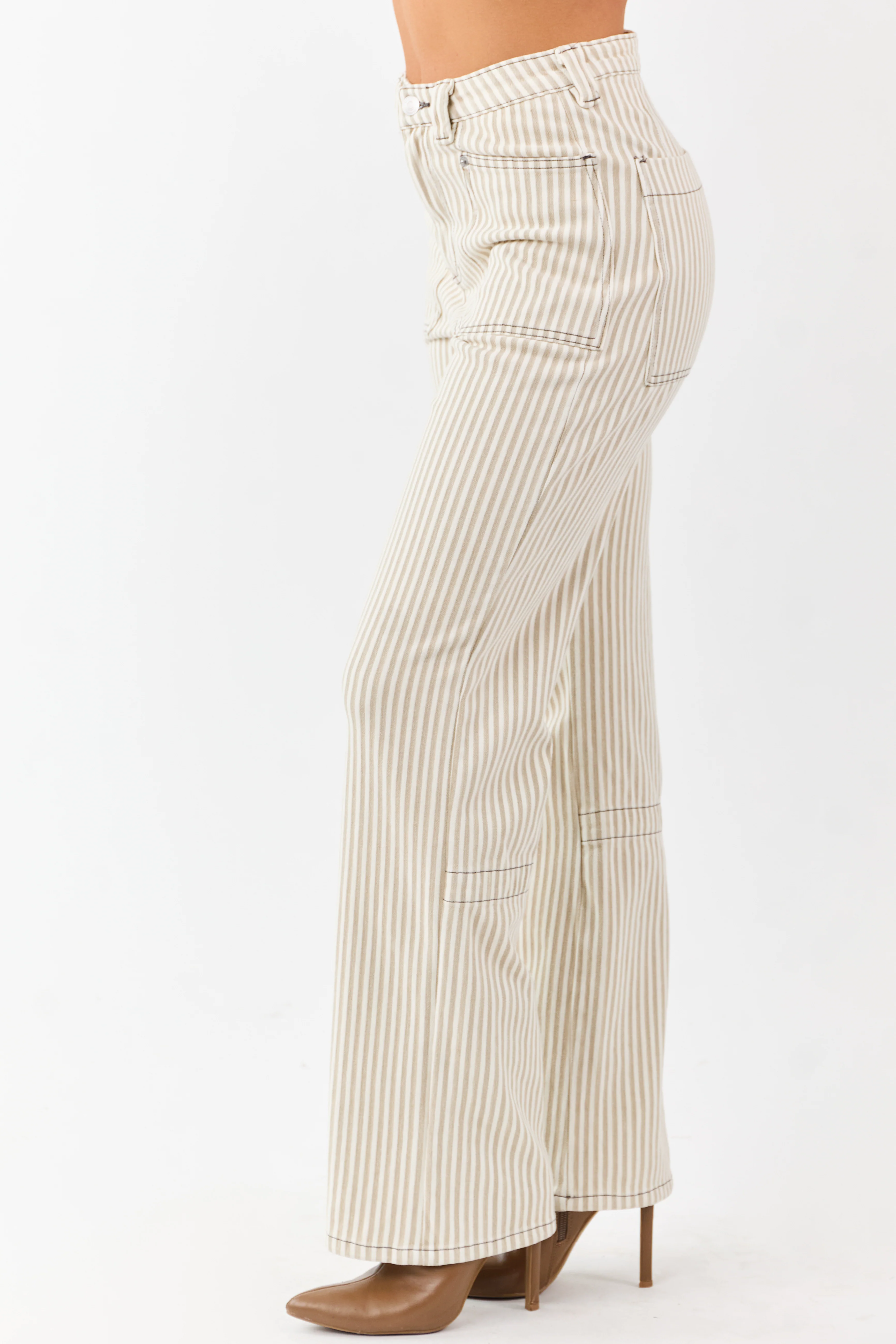 Mica Denim Oatmeal Striped Stretchy Straight Pants - Image 5