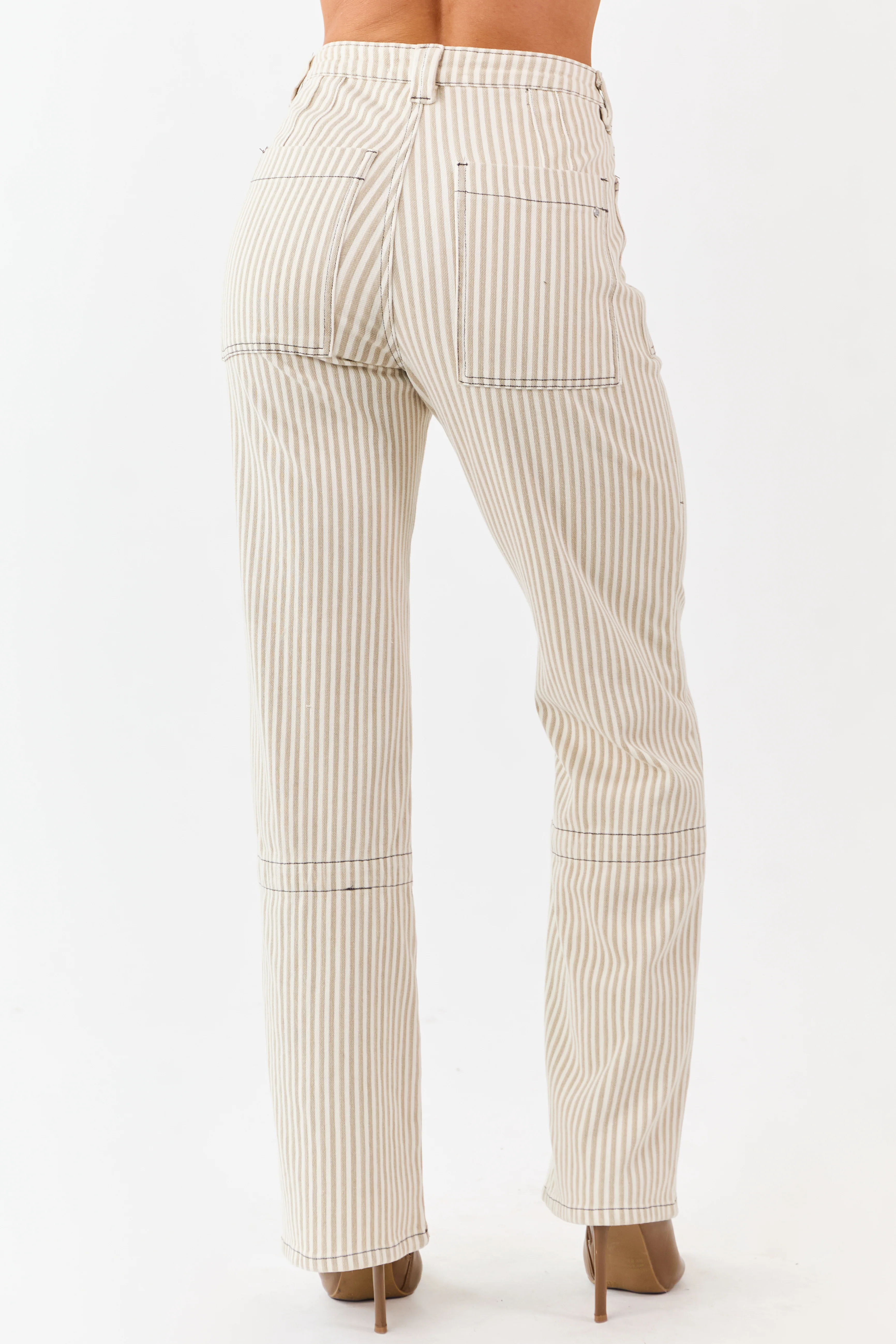 Mica Denim Oatmeal Striped Stretchy Straight Pants - Image 6