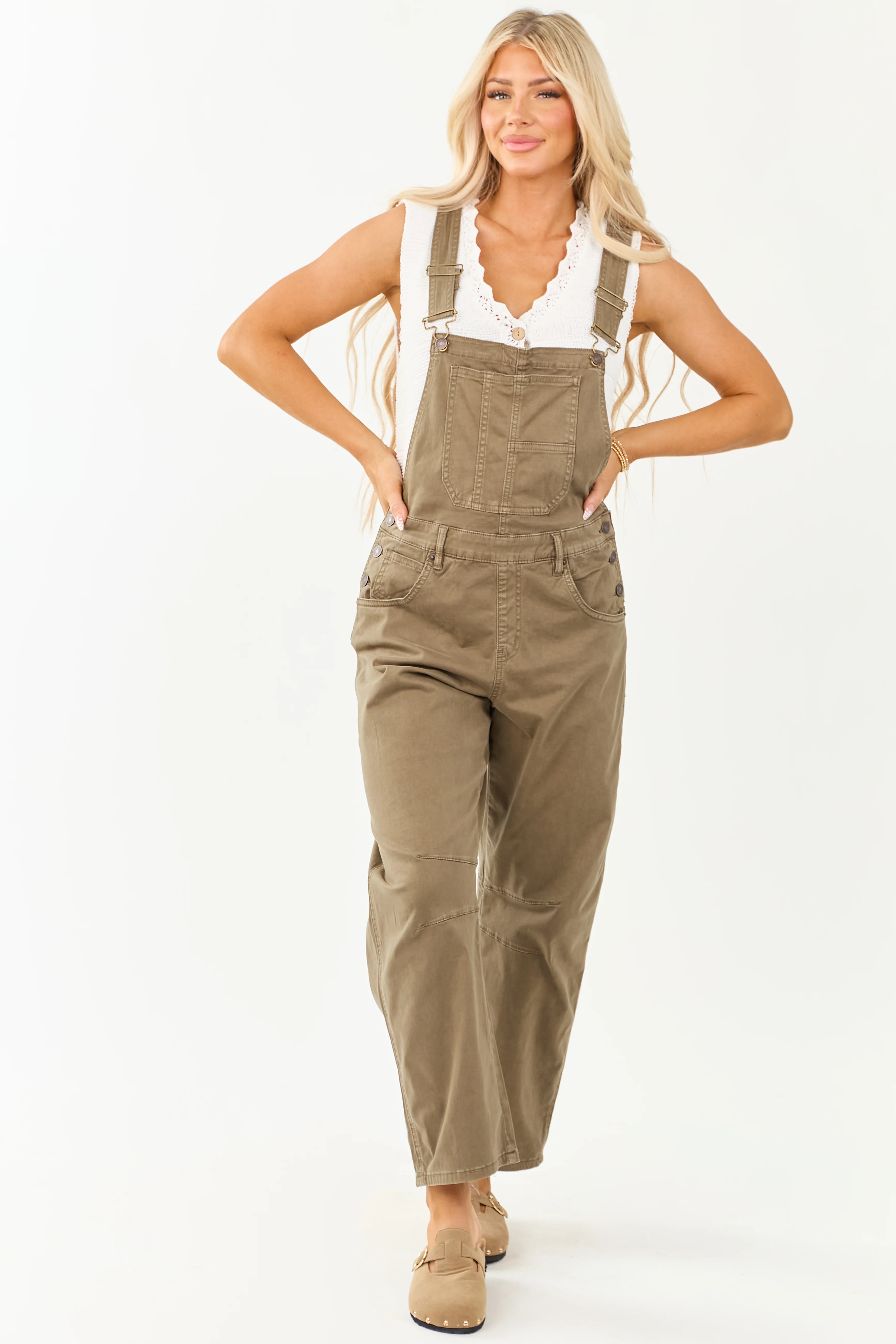 Mica Denim Olive Soft Tapered Wide Leg Overalls - Image 2