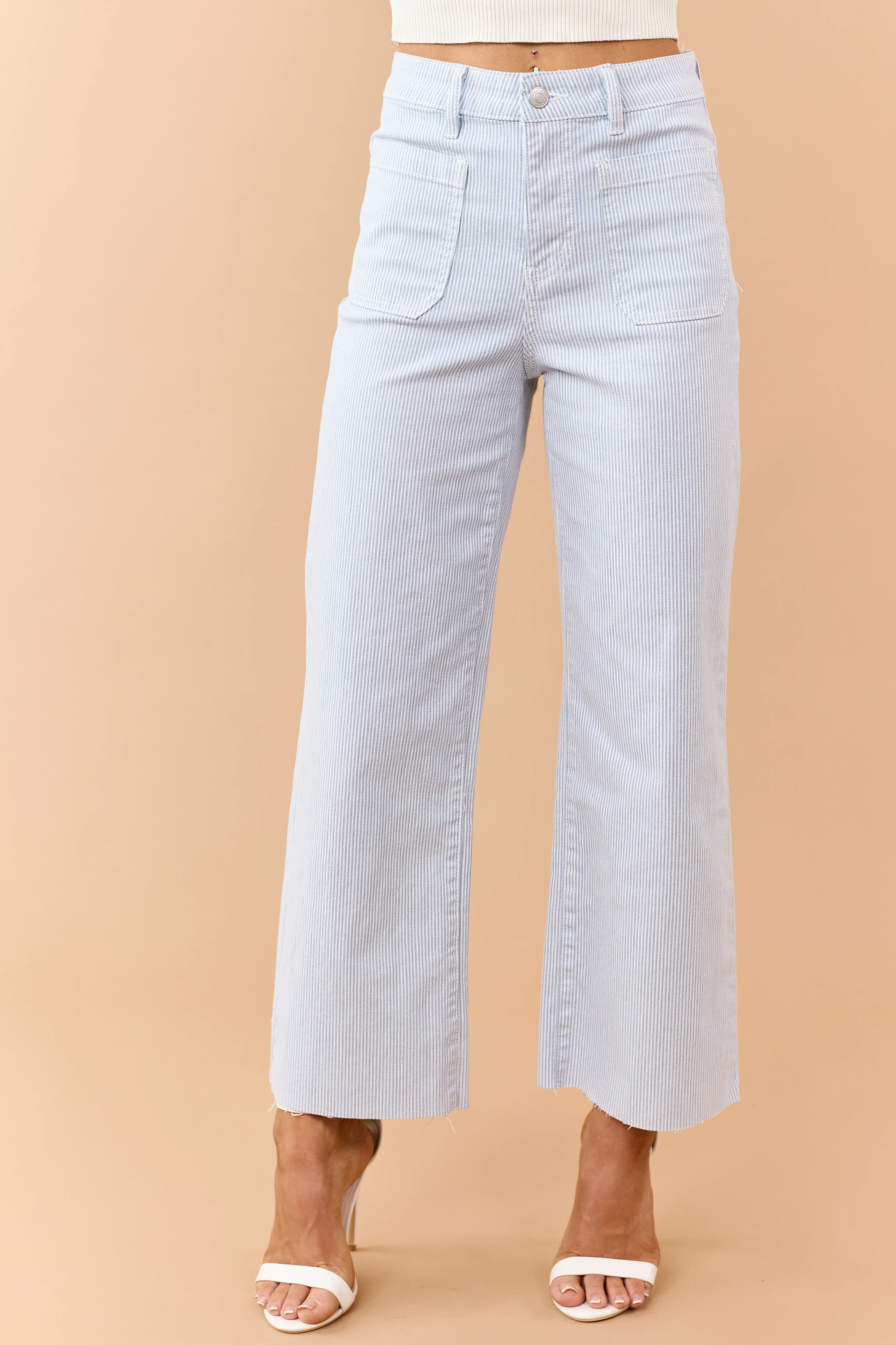 Mica Denim Slate Blue Striped Stretchy Wide Leg Jeans