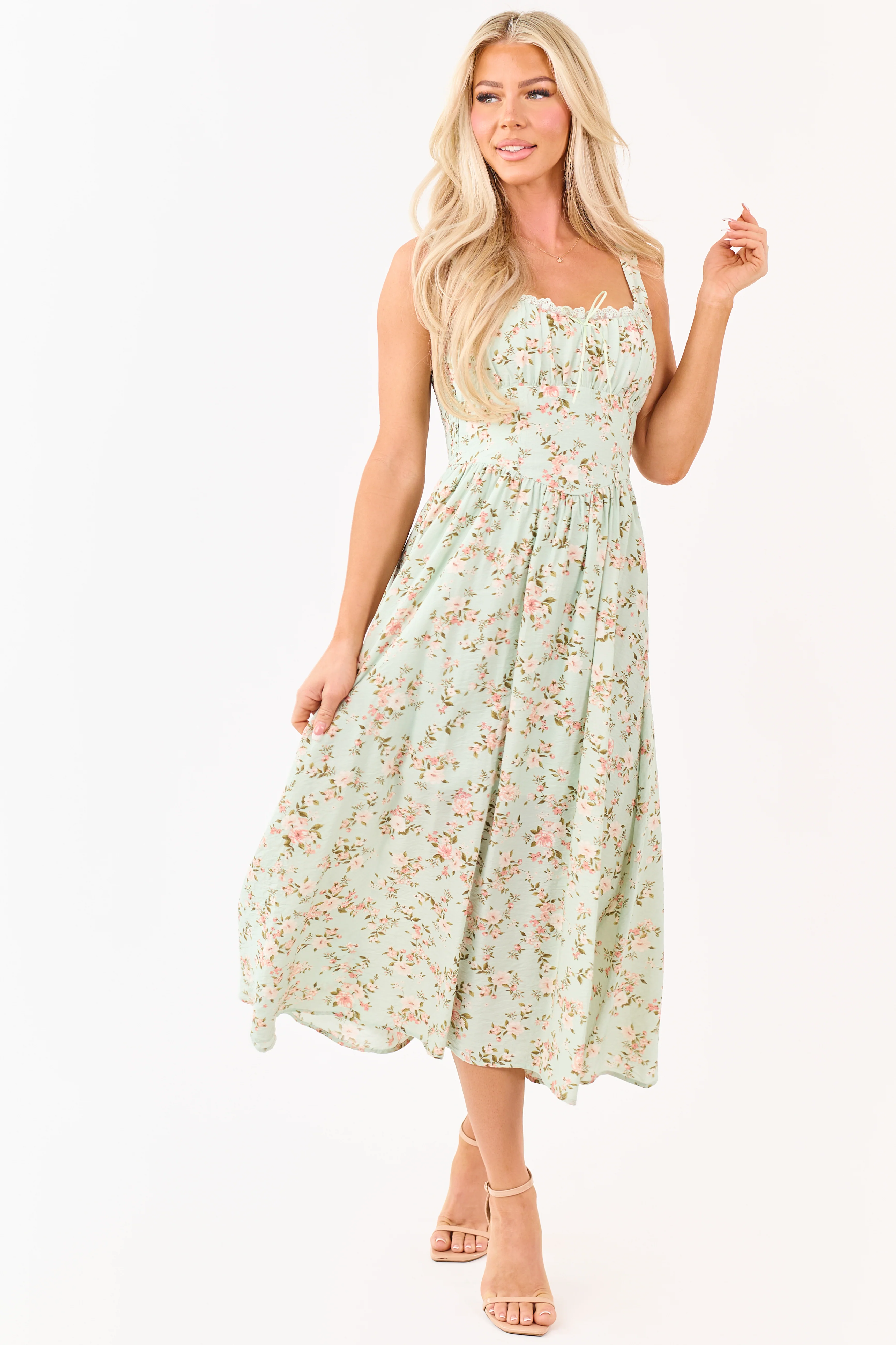 Mint Floral Print Lace Trim Corset Style Midi Dress - Image 2