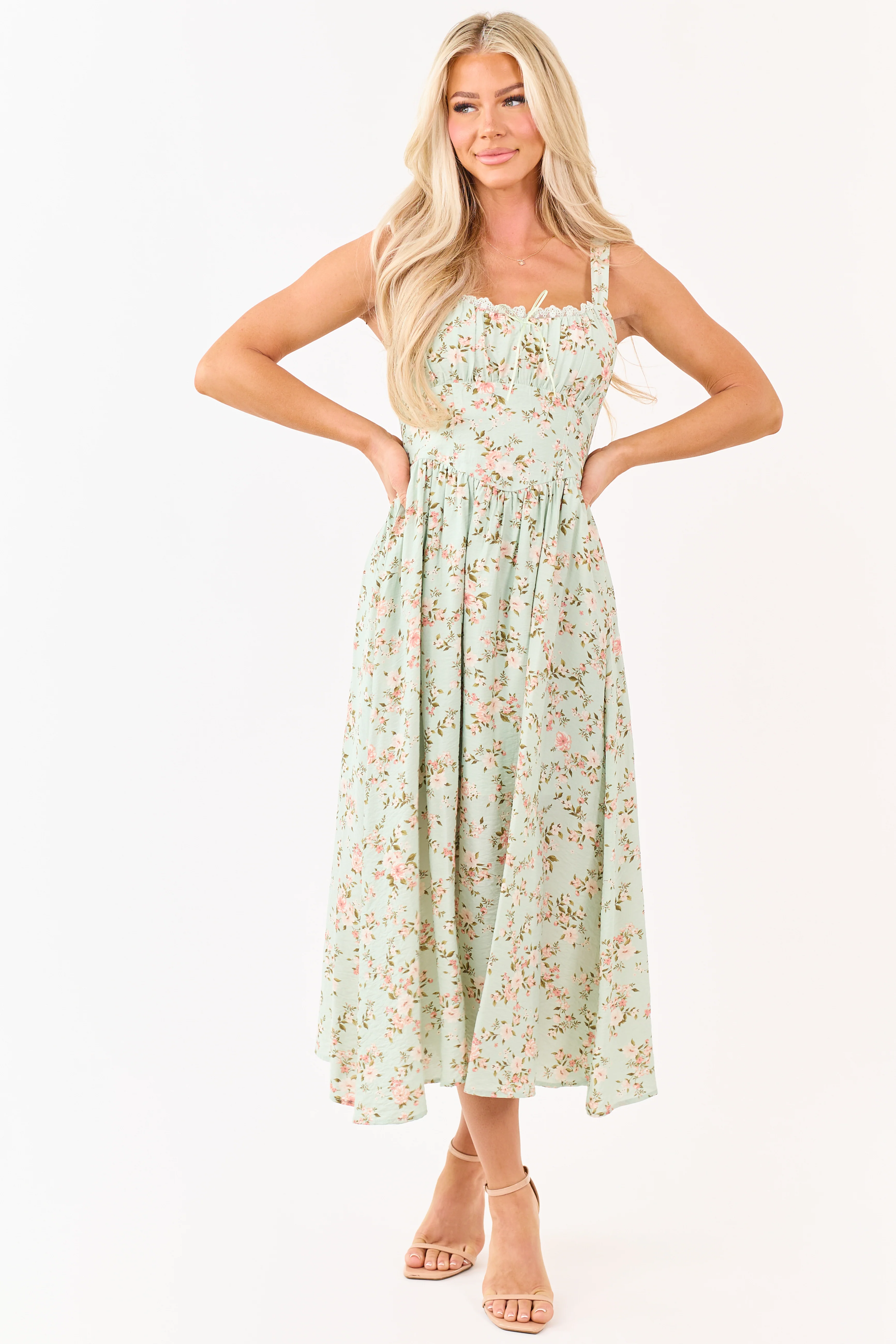 Mint Floral Print Lace Trim Corset Style Midi Dress - Image 3