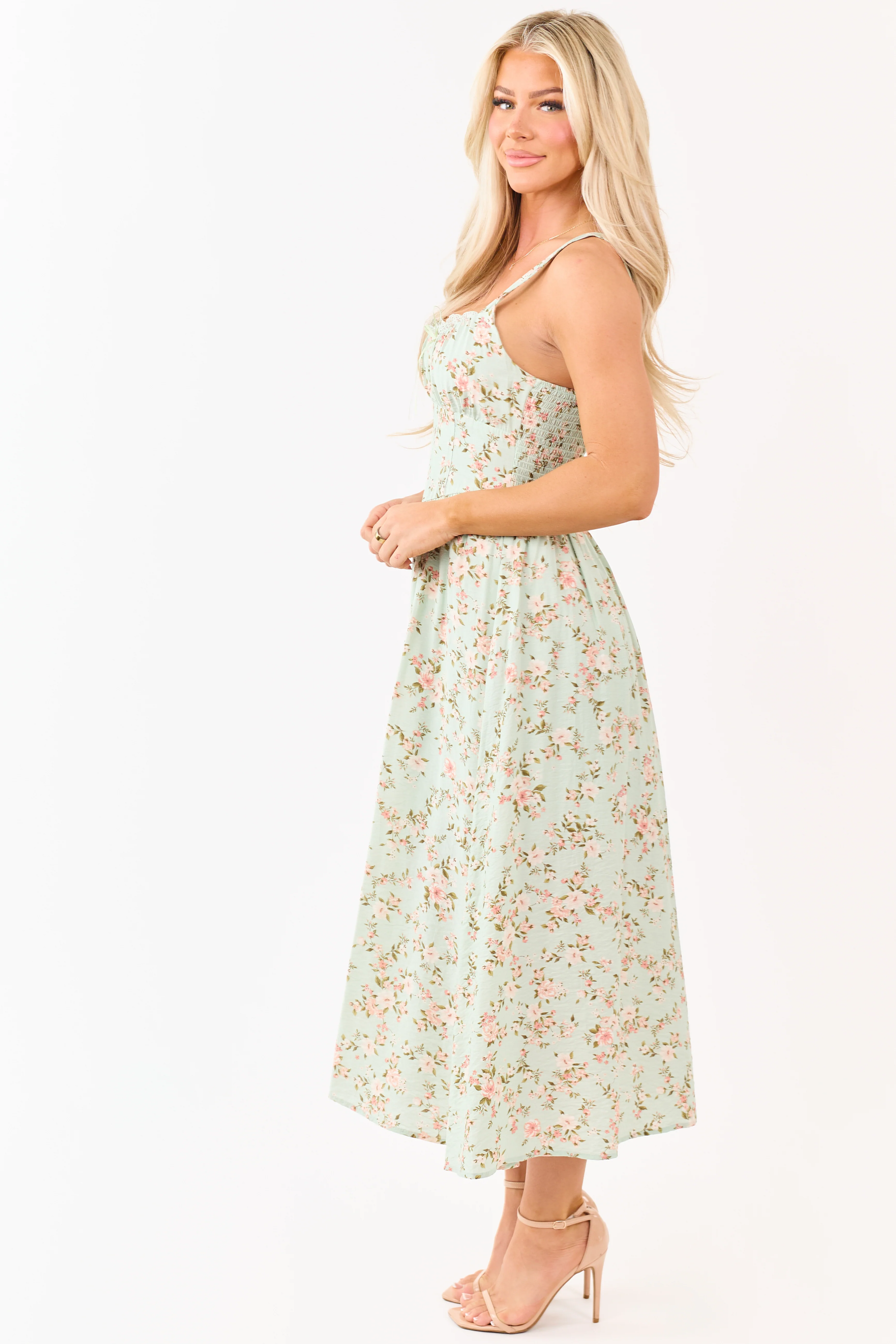 Mint Floral Print Lace Trim Corset Style Midi Dress - Image 4