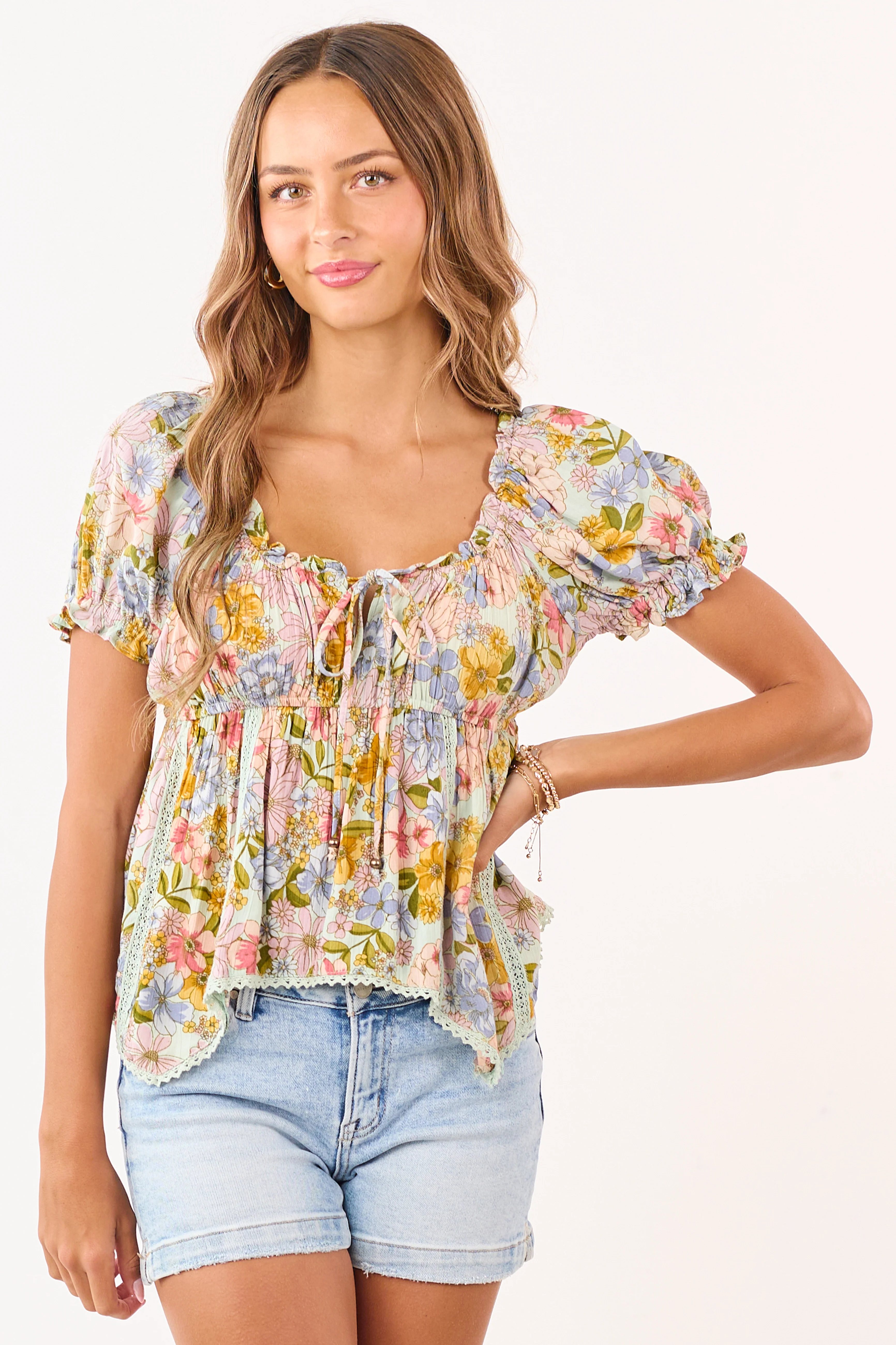 Mint Floral Print Puff Sleeve Babydoll Top