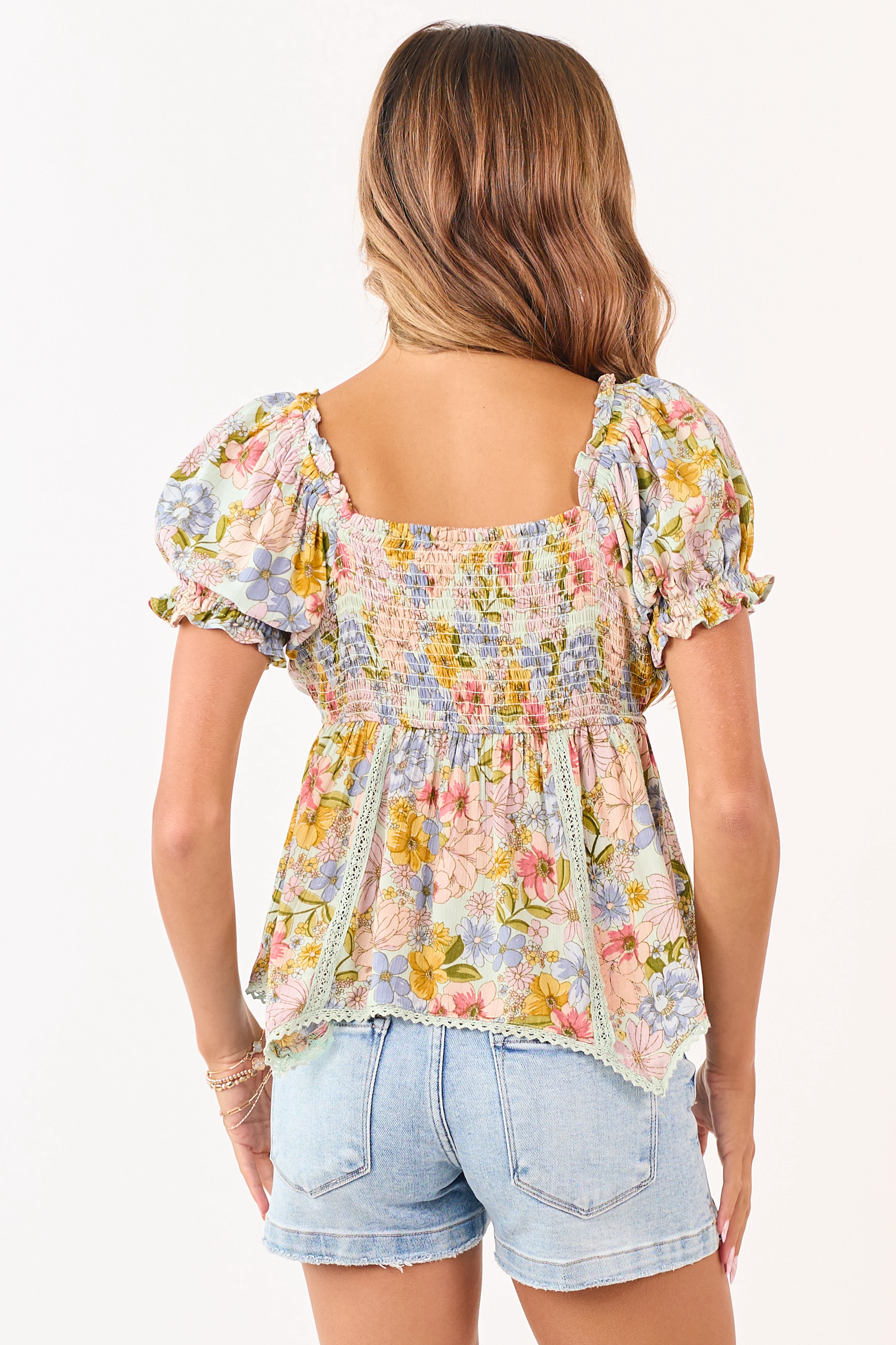 Mint Floral Print Puff Sleeve Babydoll Top - Image 5
