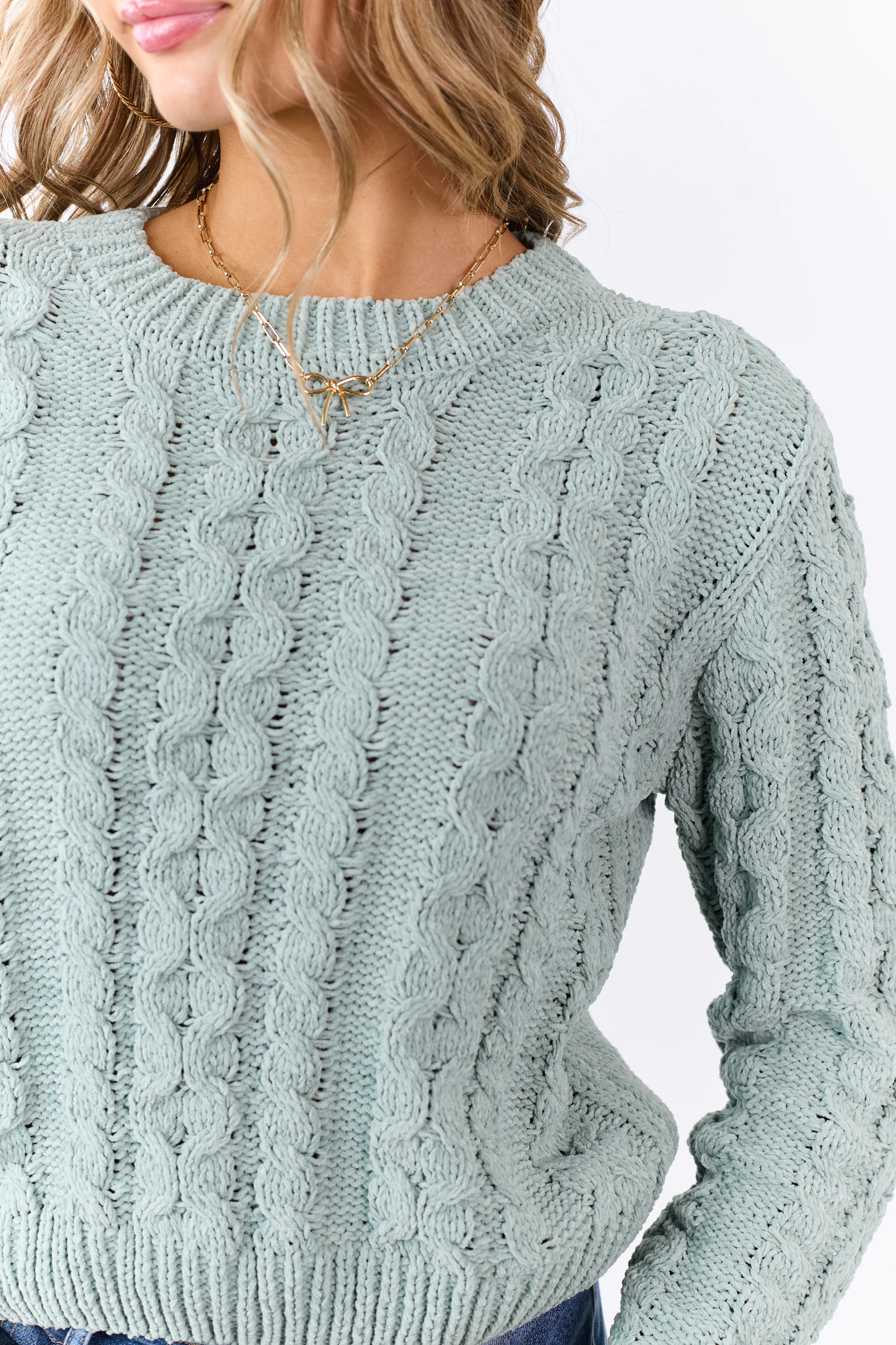 Mint Green Chenille Cable Knit Sweater - Image 6