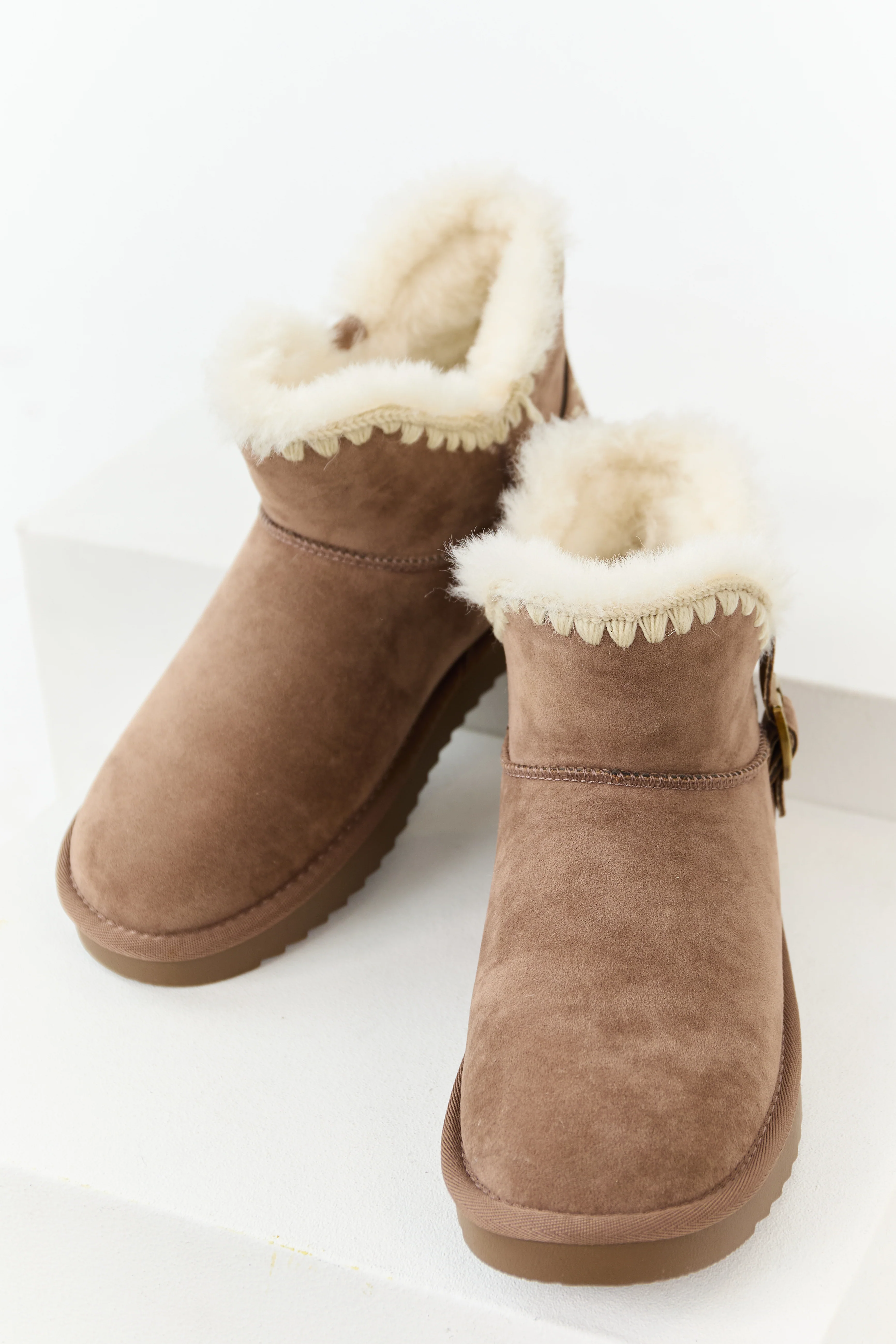 Mocha Faux Suede Buckle Detail Short Booties - Image 2