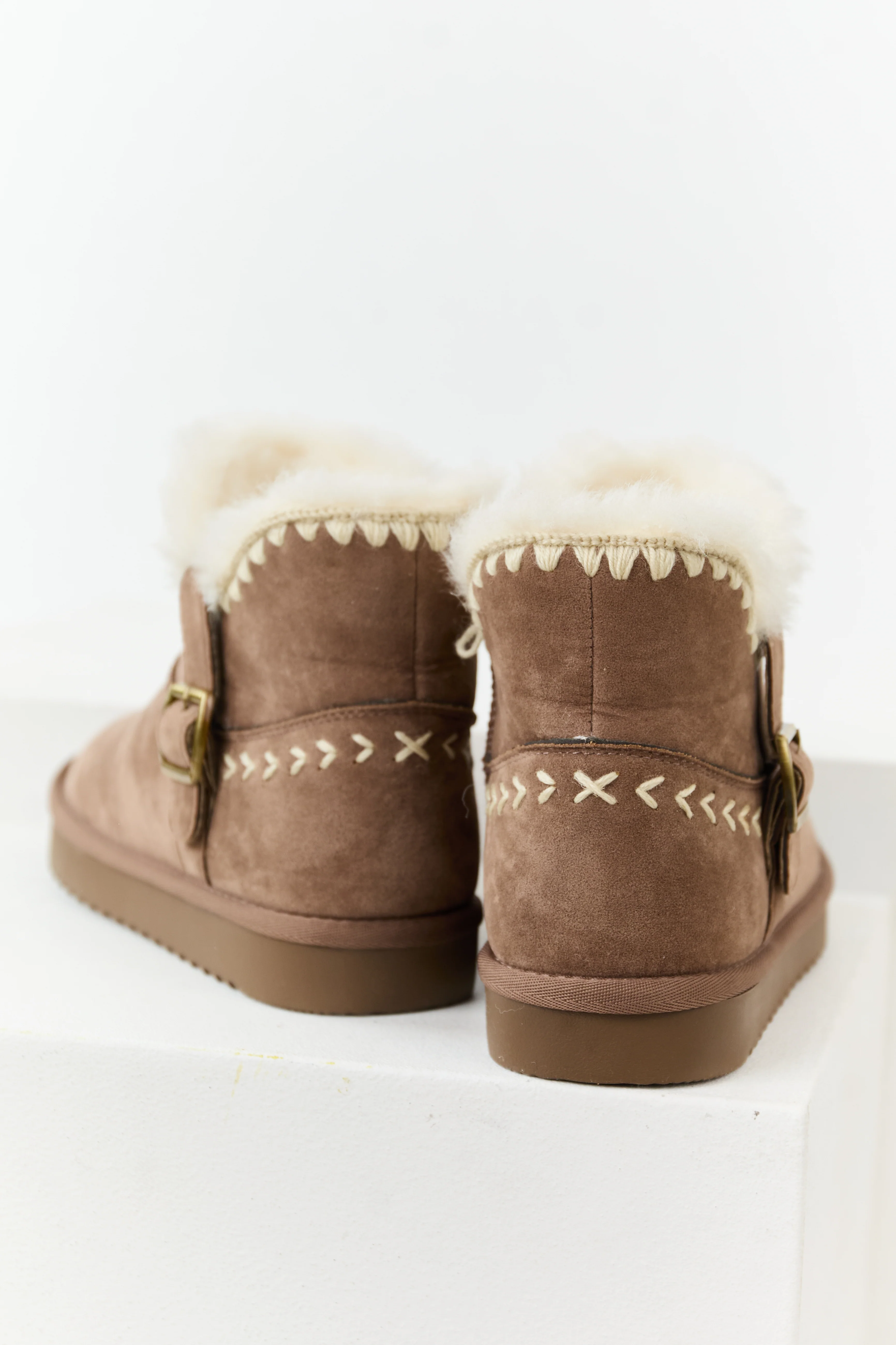 Mocha Faux Suede Buckle Detail Short Booties - Image 3