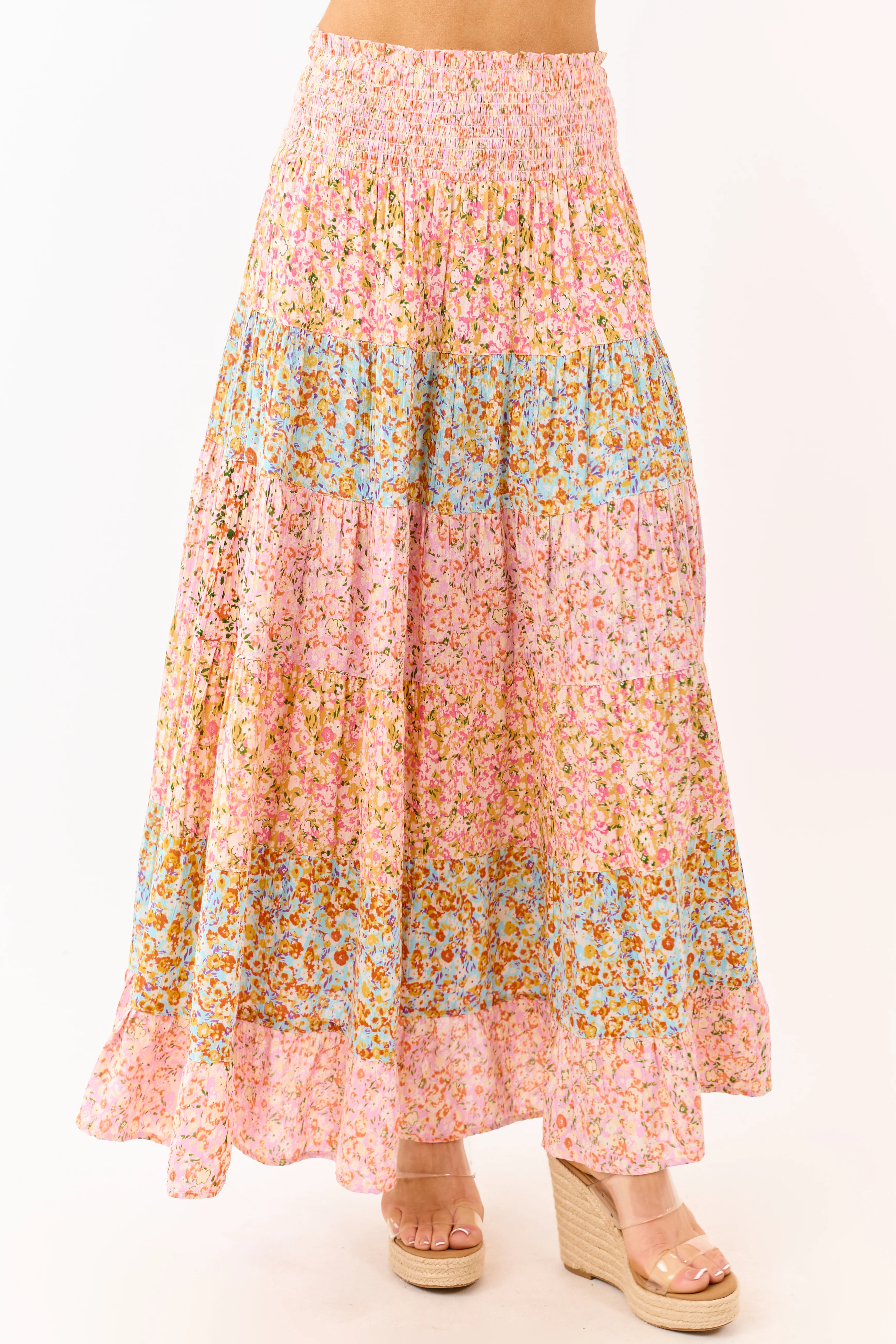 Multicolor Floral Print Colorblock Tiered Maxi Skirt - Image 2