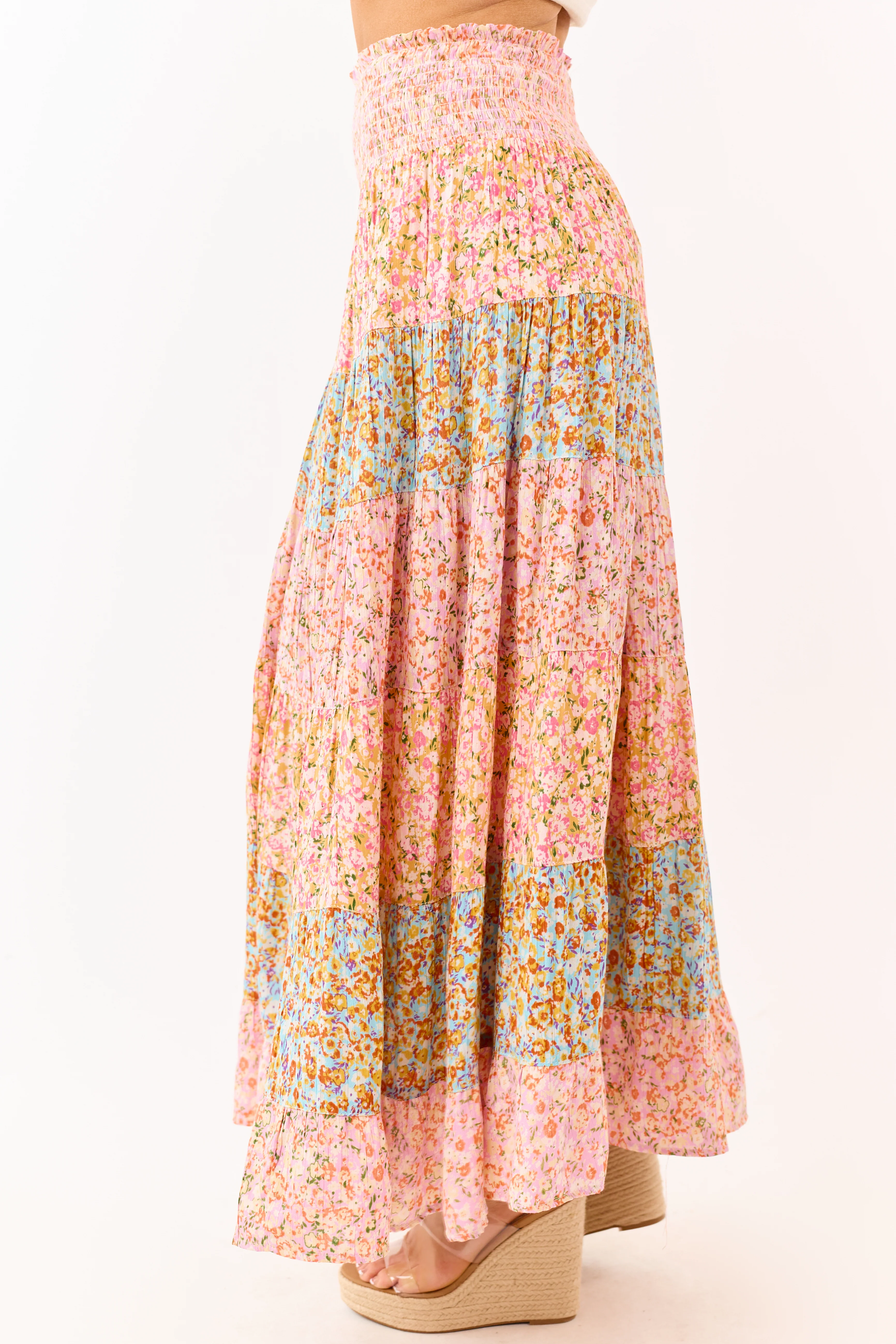 Multicolor Floral Print Colorblock Tiered Maxi Skirt - Image 3