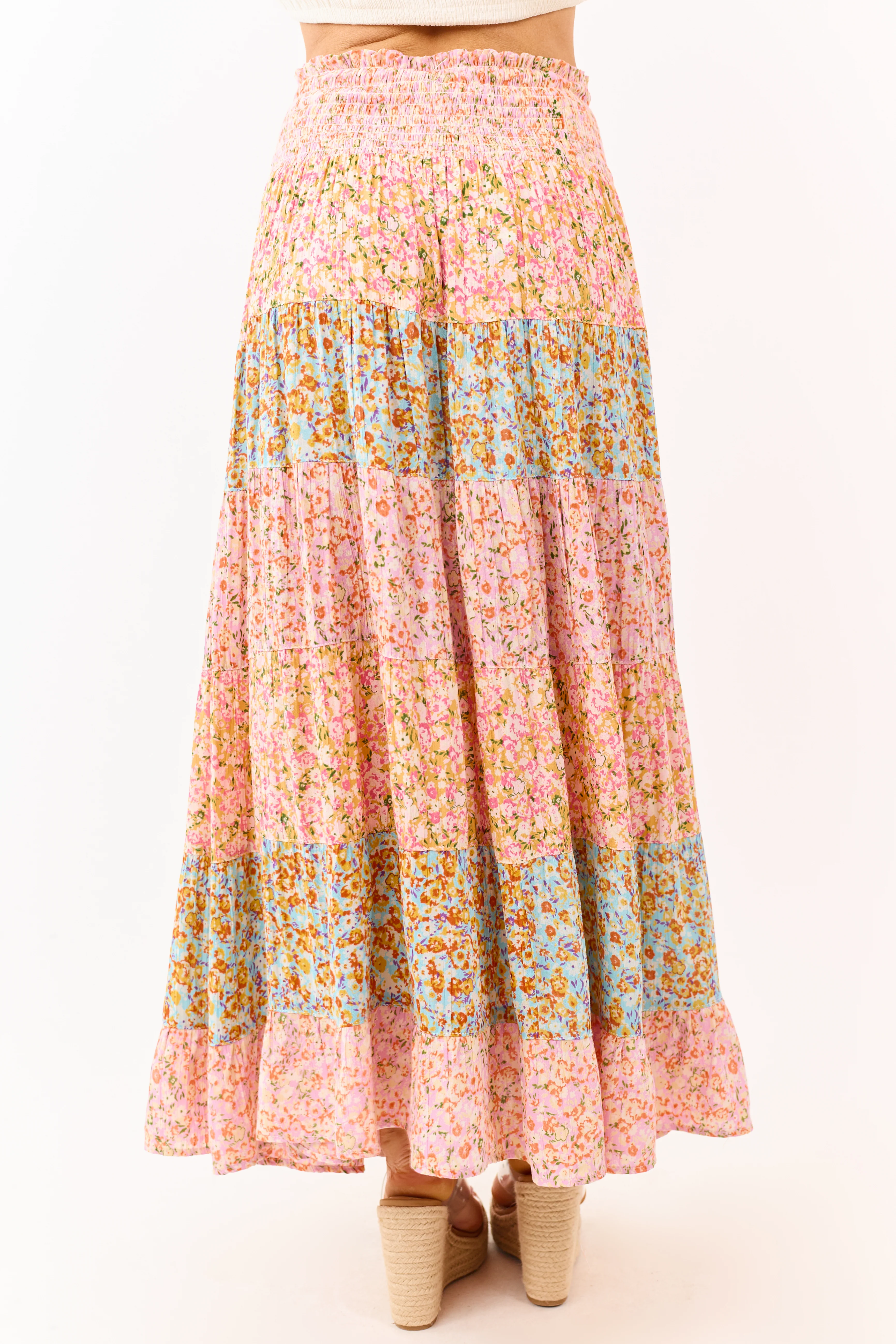 Multicolor Floral Print Colorblock Tiered Maxi Skirt - Image 4