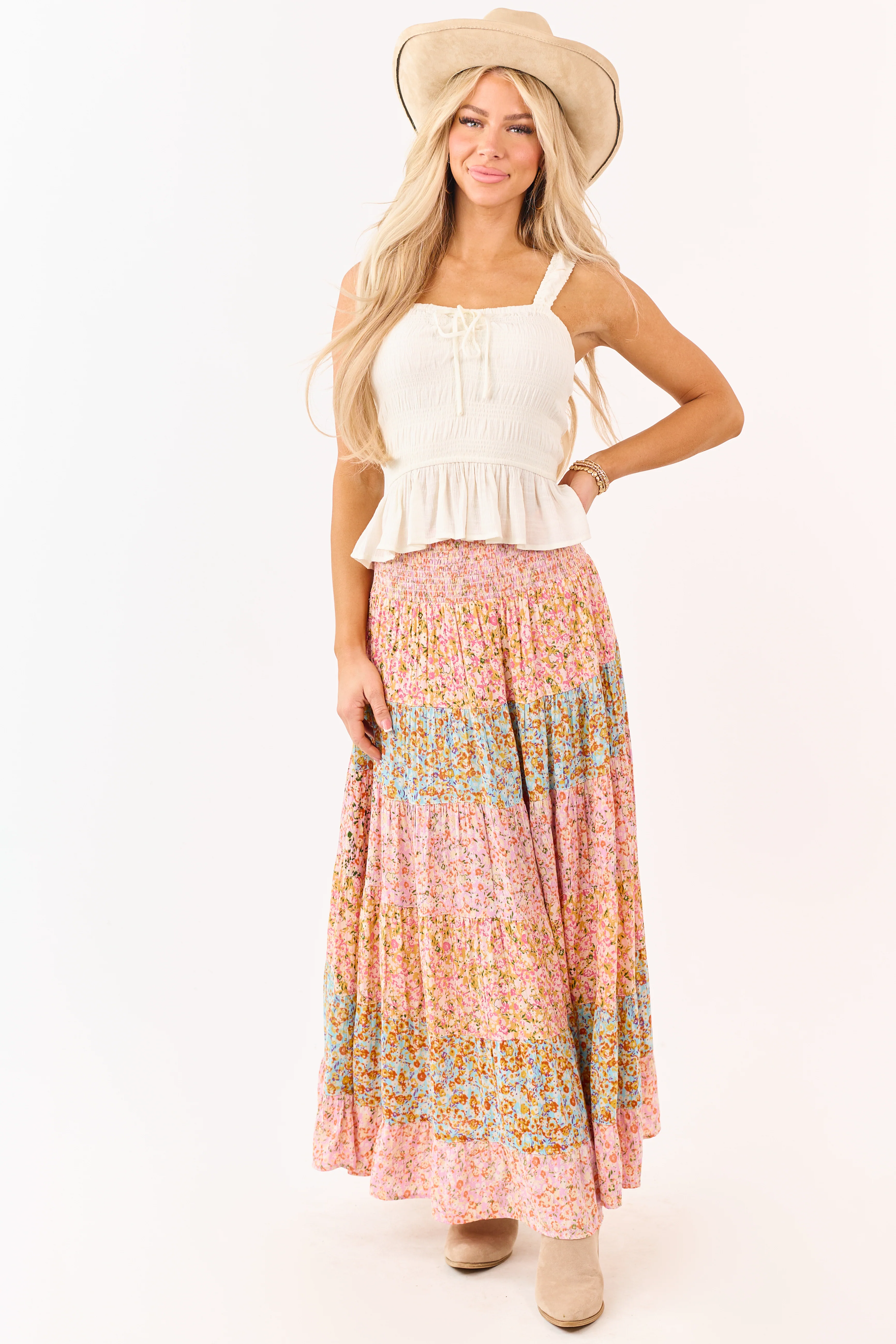 Multicolor Floral Print Colorblock Tiered Maxi Skirt - Image 5