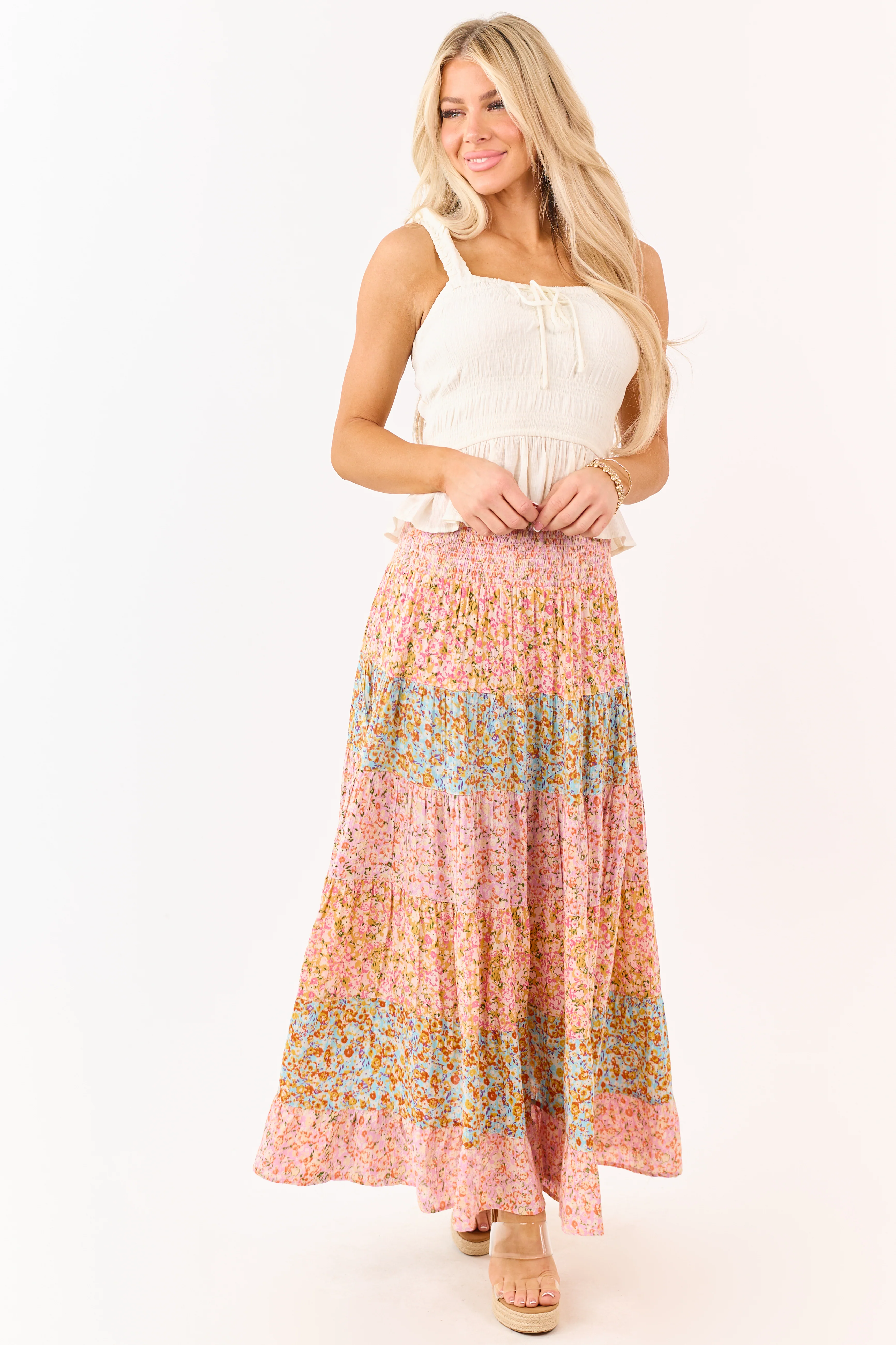 Multicolor Floral Print Colorblock Tiered Maxi Skirt - Image 7