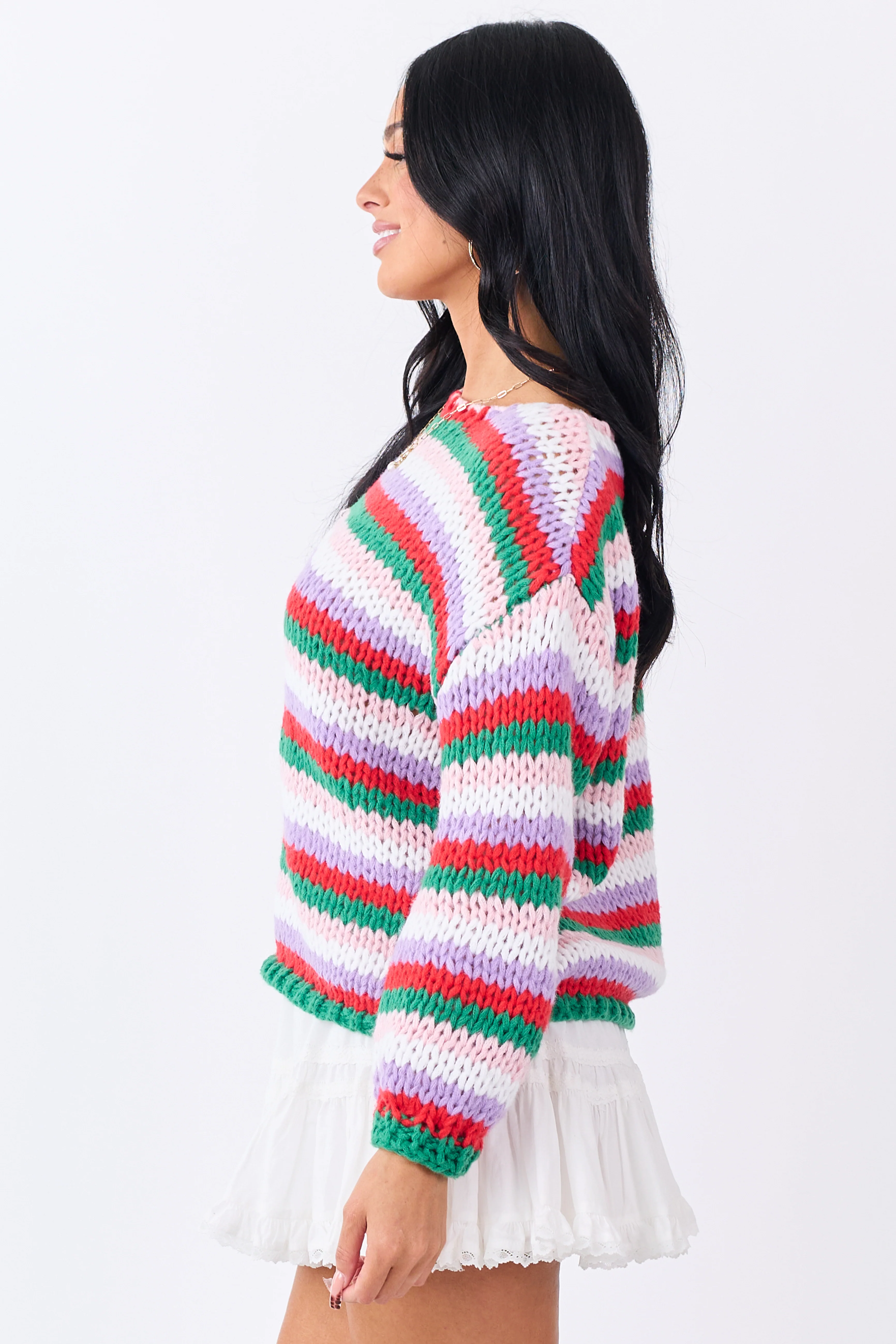 Multicolor Striped Yarn Rib Knit Boatneck Sweater - Image 5