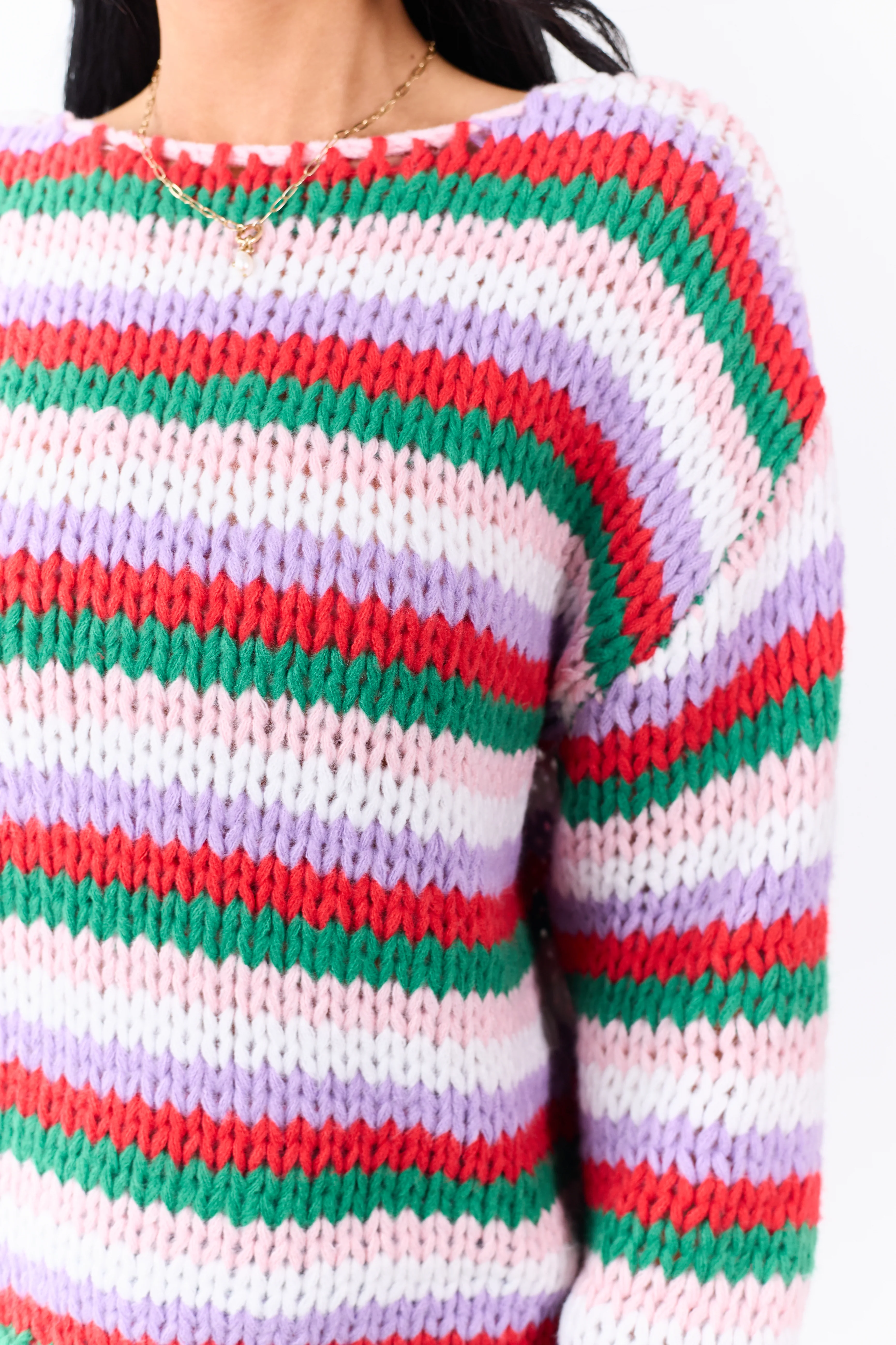 Multicolor Striped Yarn Rib Knit Boatneck Sweater - Image 7