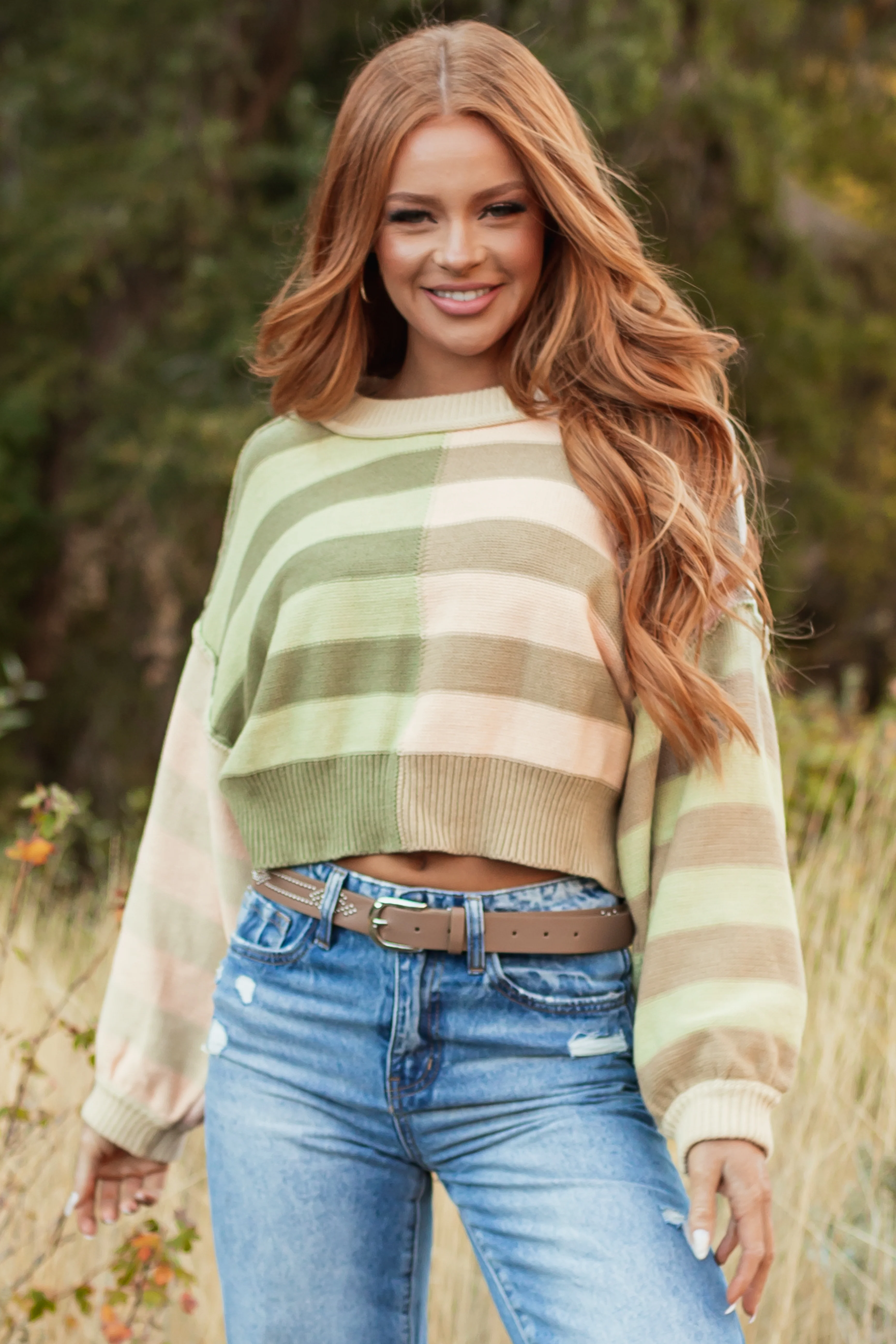 Multicolored Colorblock Stripe Cropped Sweater - Image 2