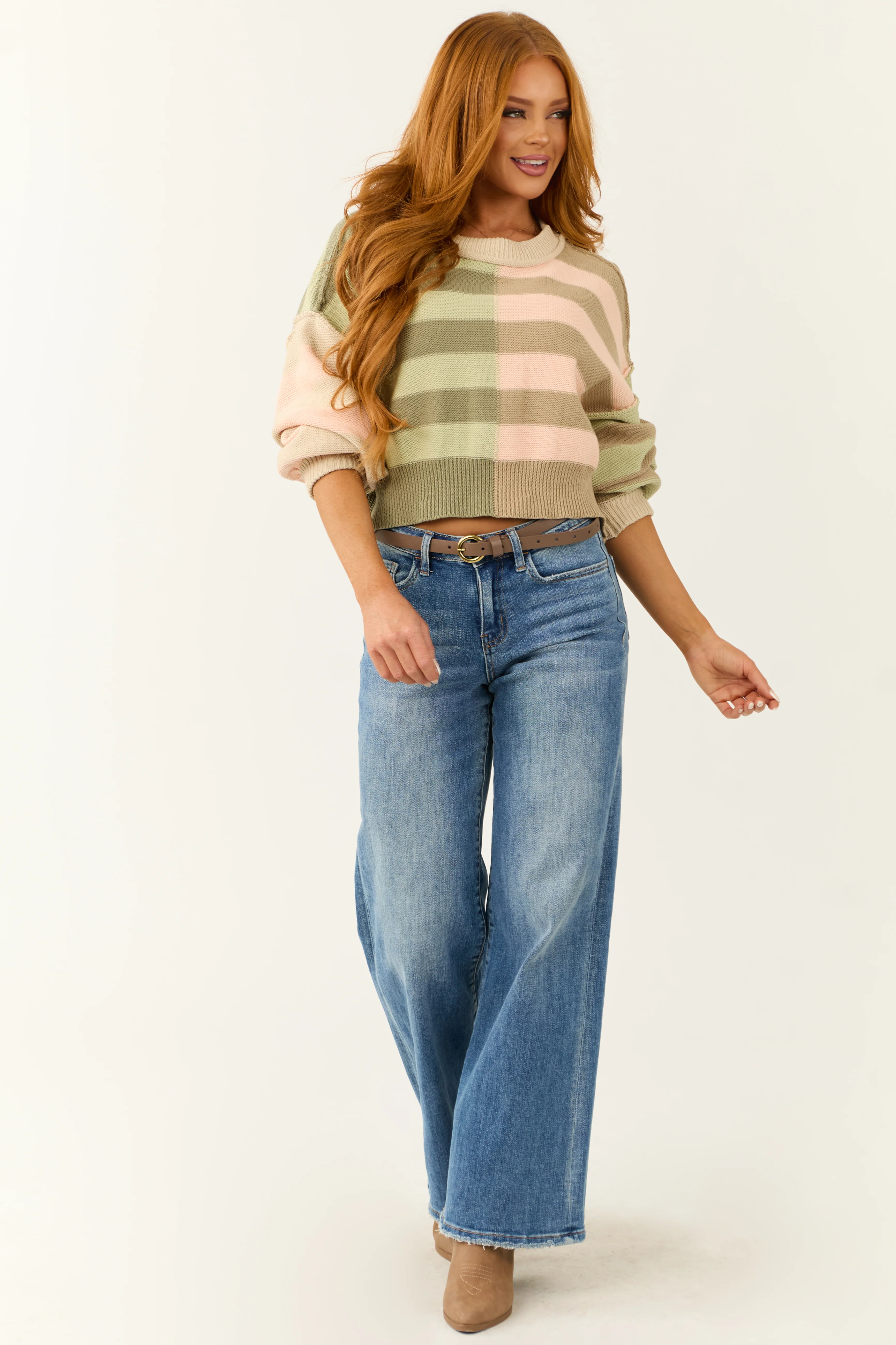 Multicolored Colorblock Stripe Cropped Sweater - Image 4