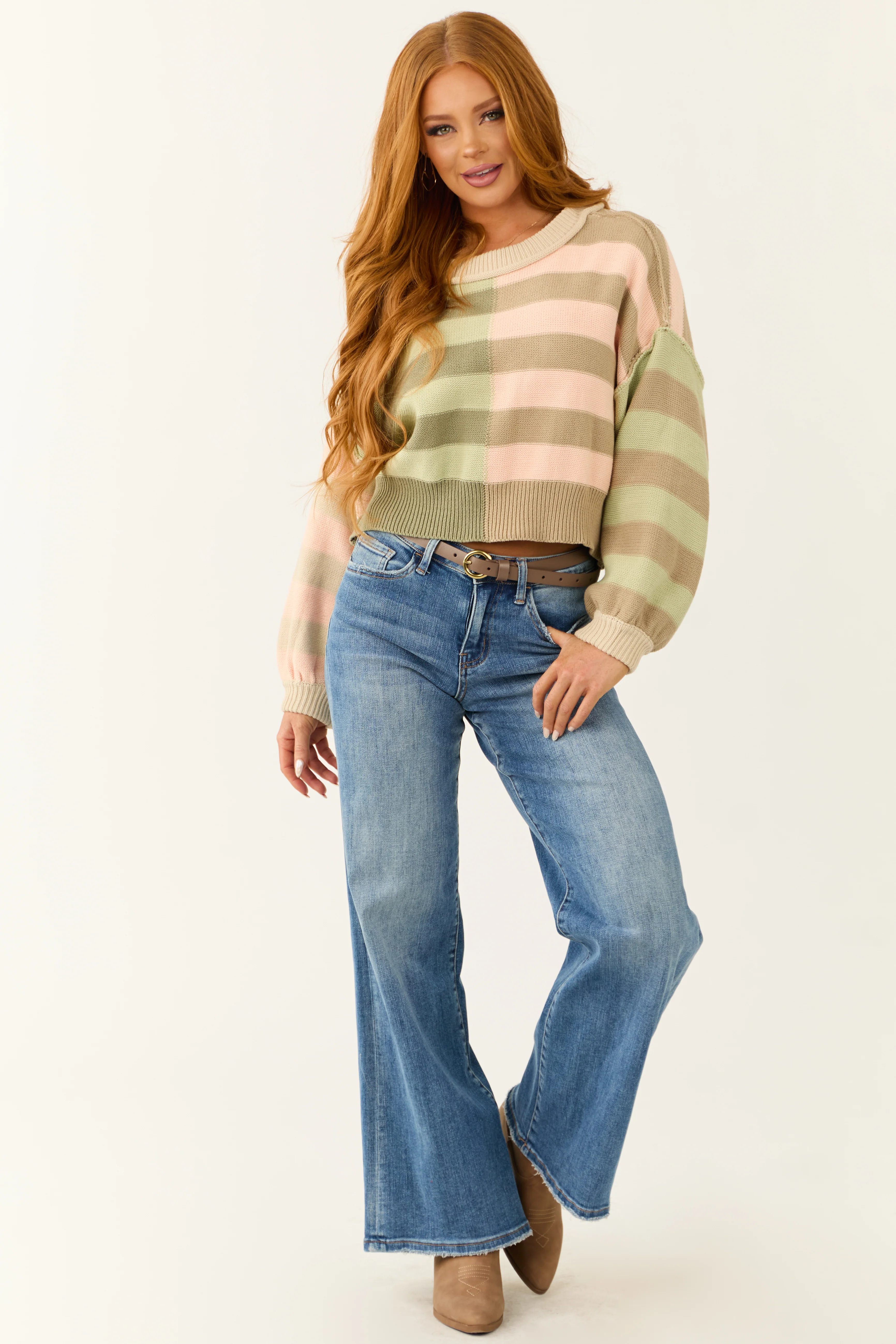 Multicolored Colorblock Stripe Cropped Sweater - Image 5