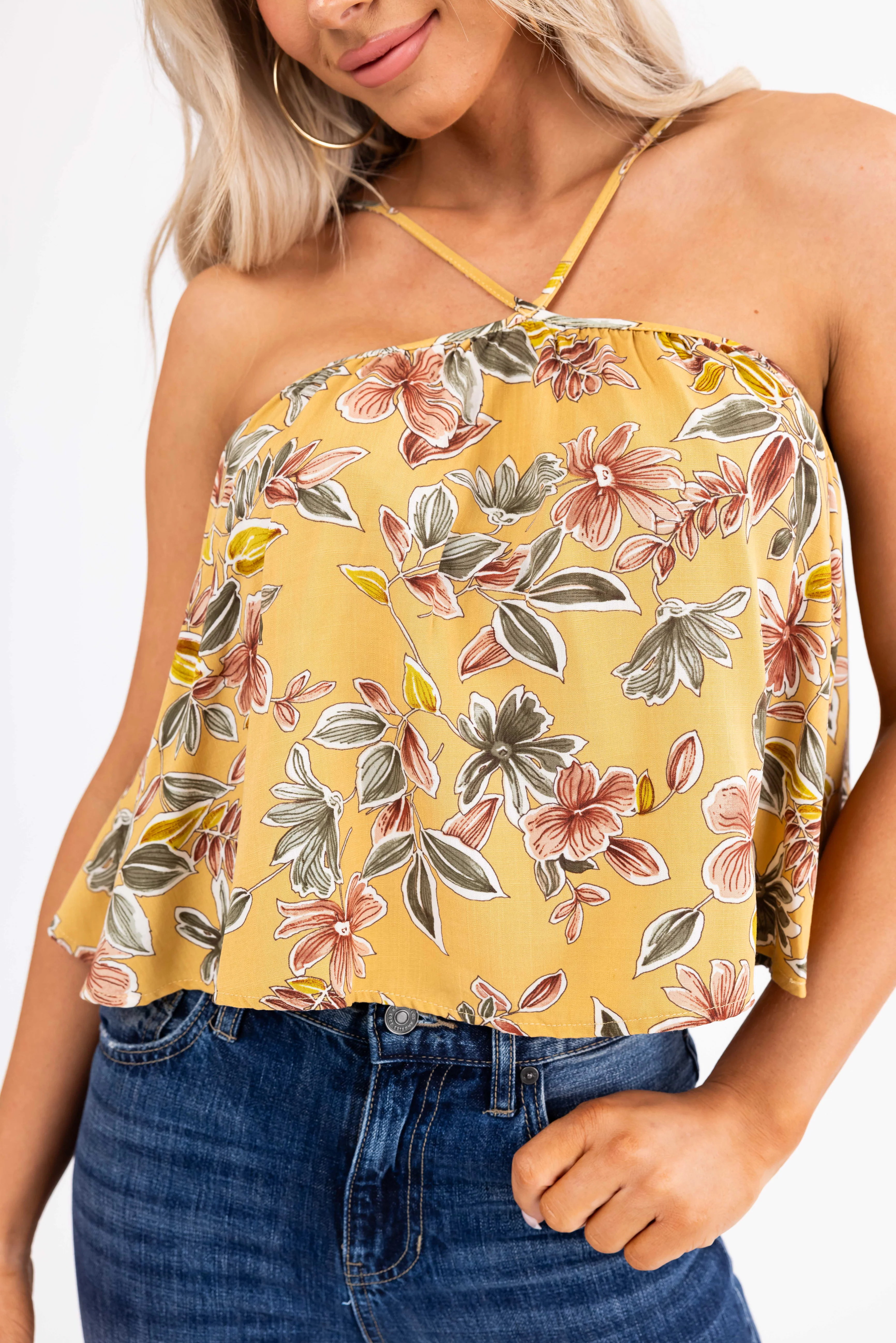 Mustard Floral Print Halter Neck Flowy Top - Image 5