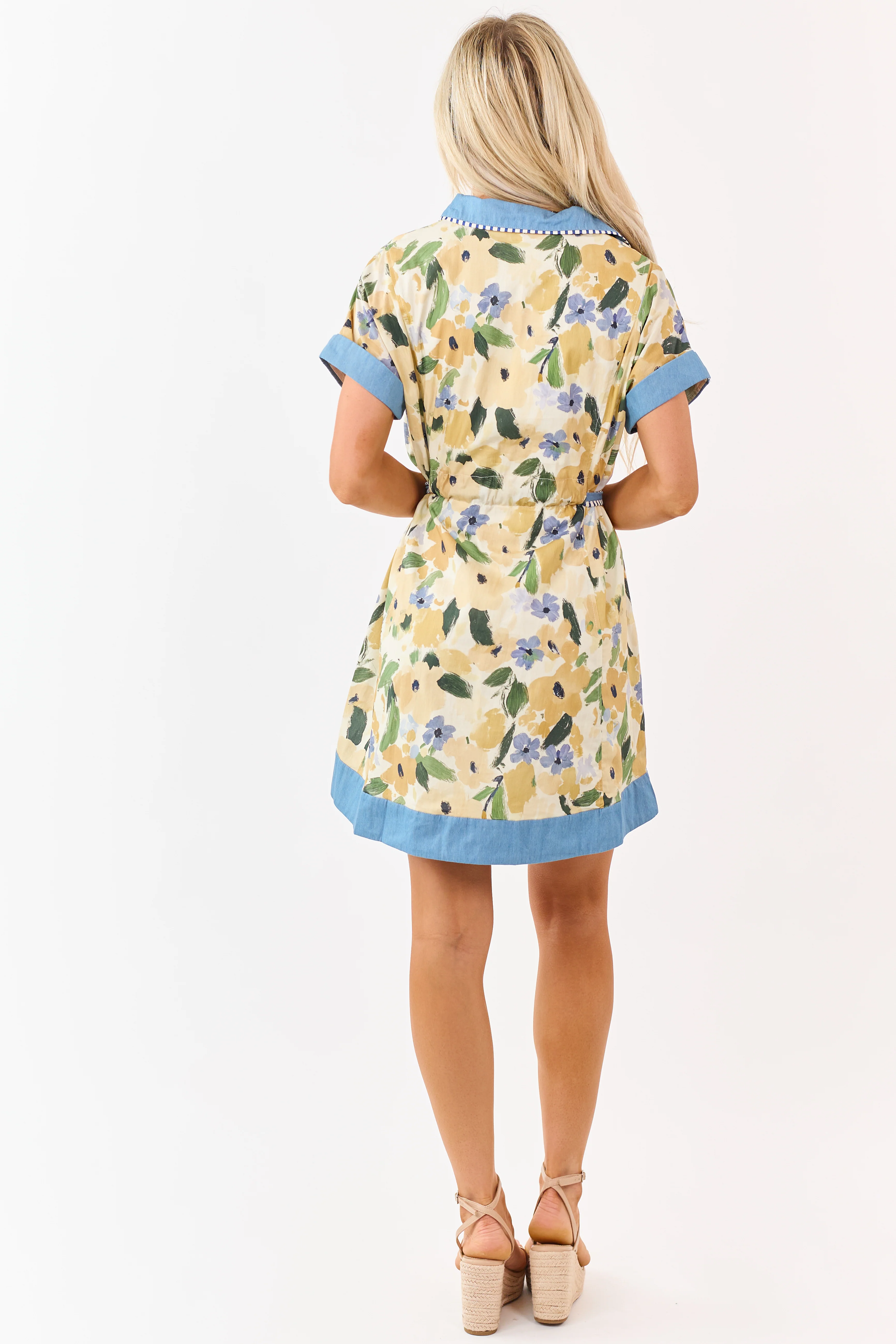 Mustard Watercolor Floral Cotton Waist Tie Mini Dress - Image 5
