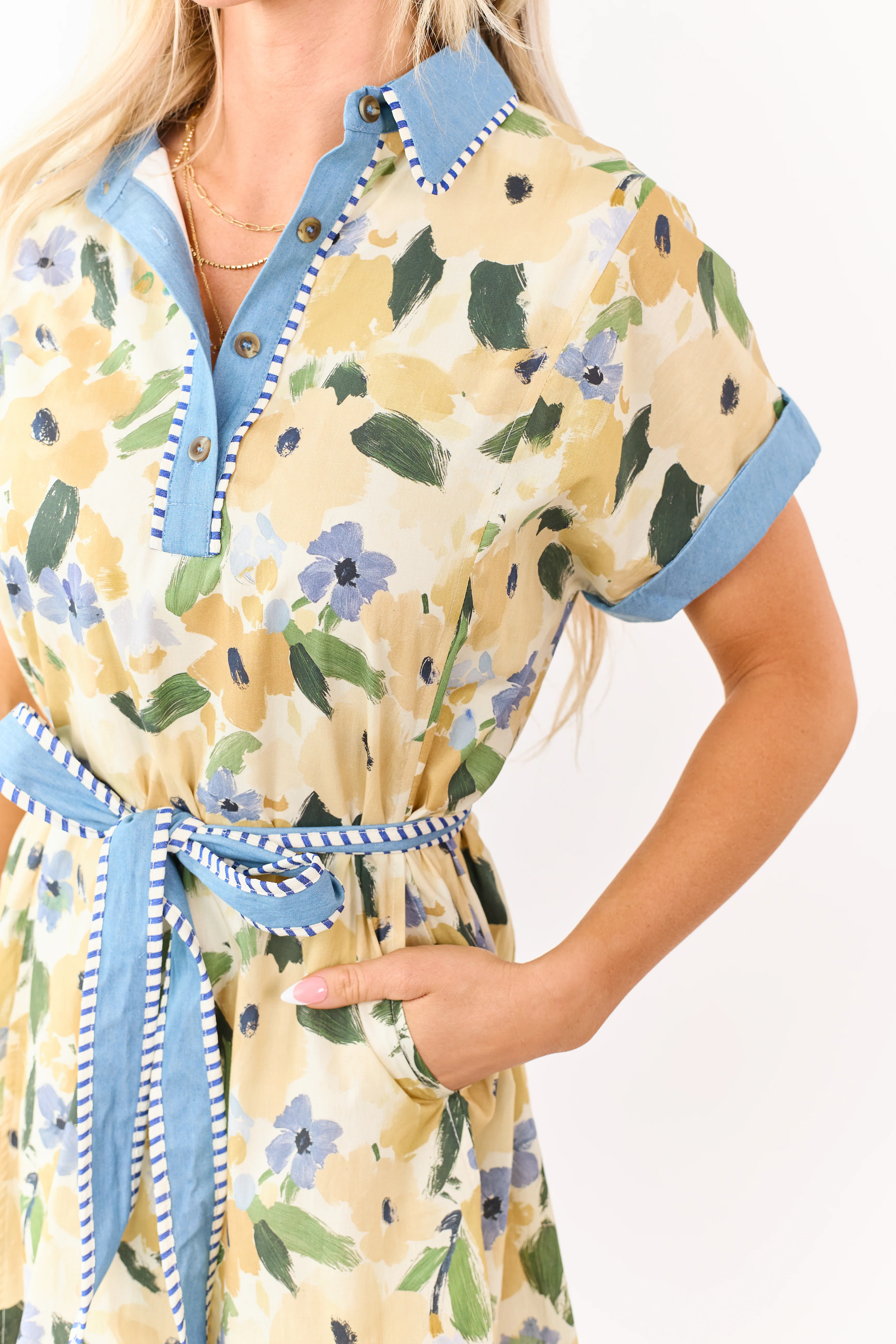 Mustard Watercolor Floral Cotton Waist Tie Mini Dress - Image 6
