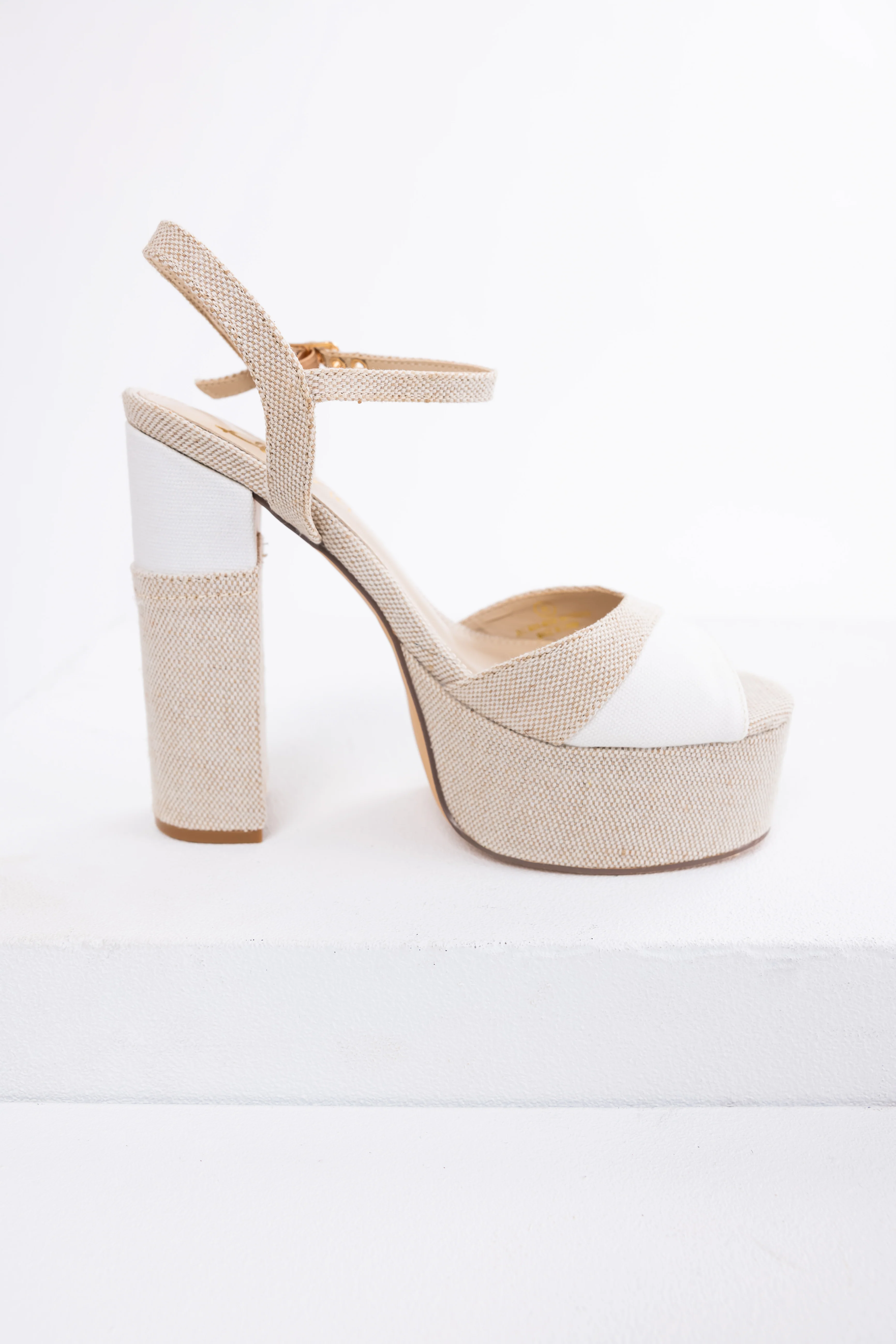 Natural Linen Patchwork Platform High Heels - Image 4