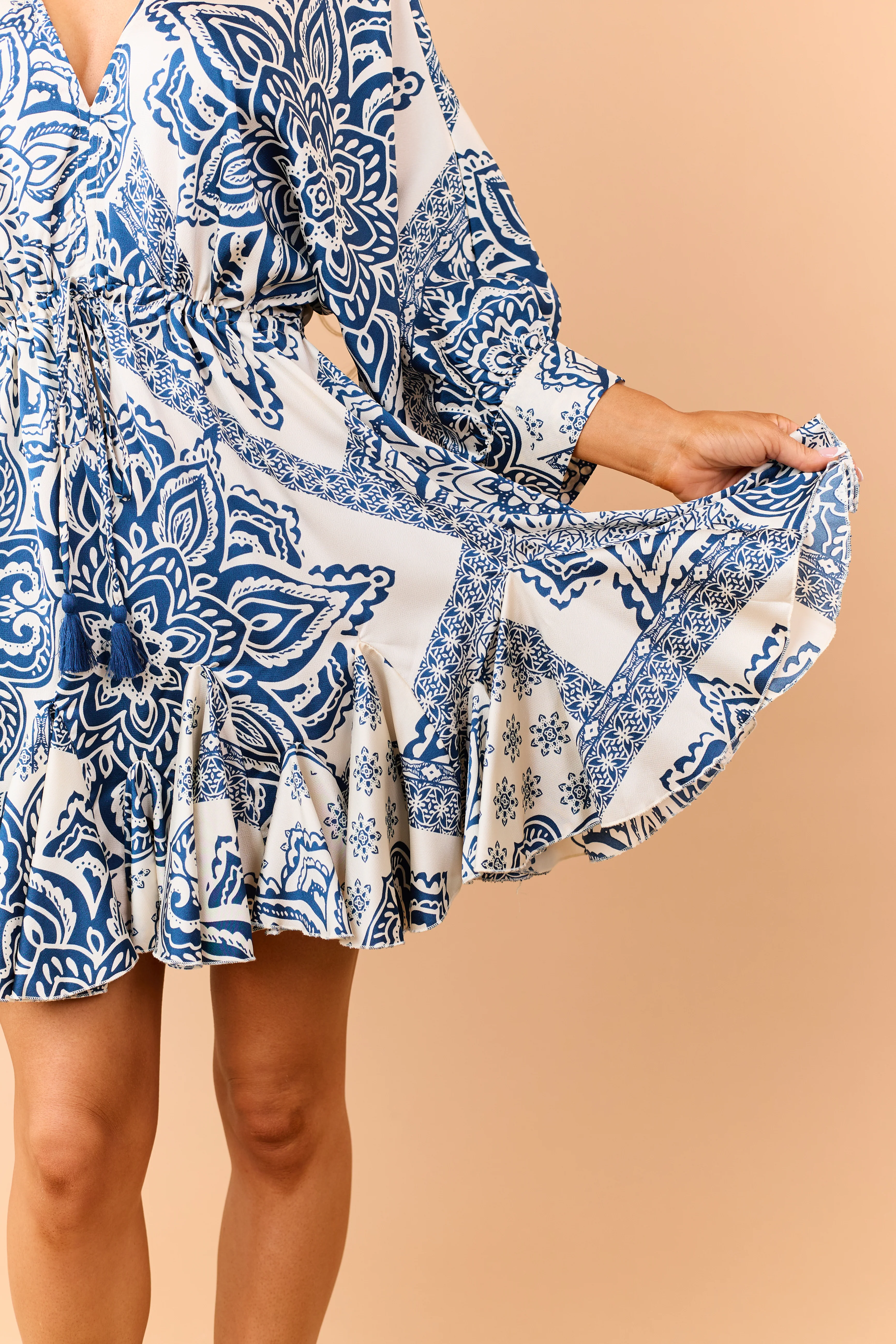 Navy Abstract Floral Dolman Sleeve Short Dress - Image 6