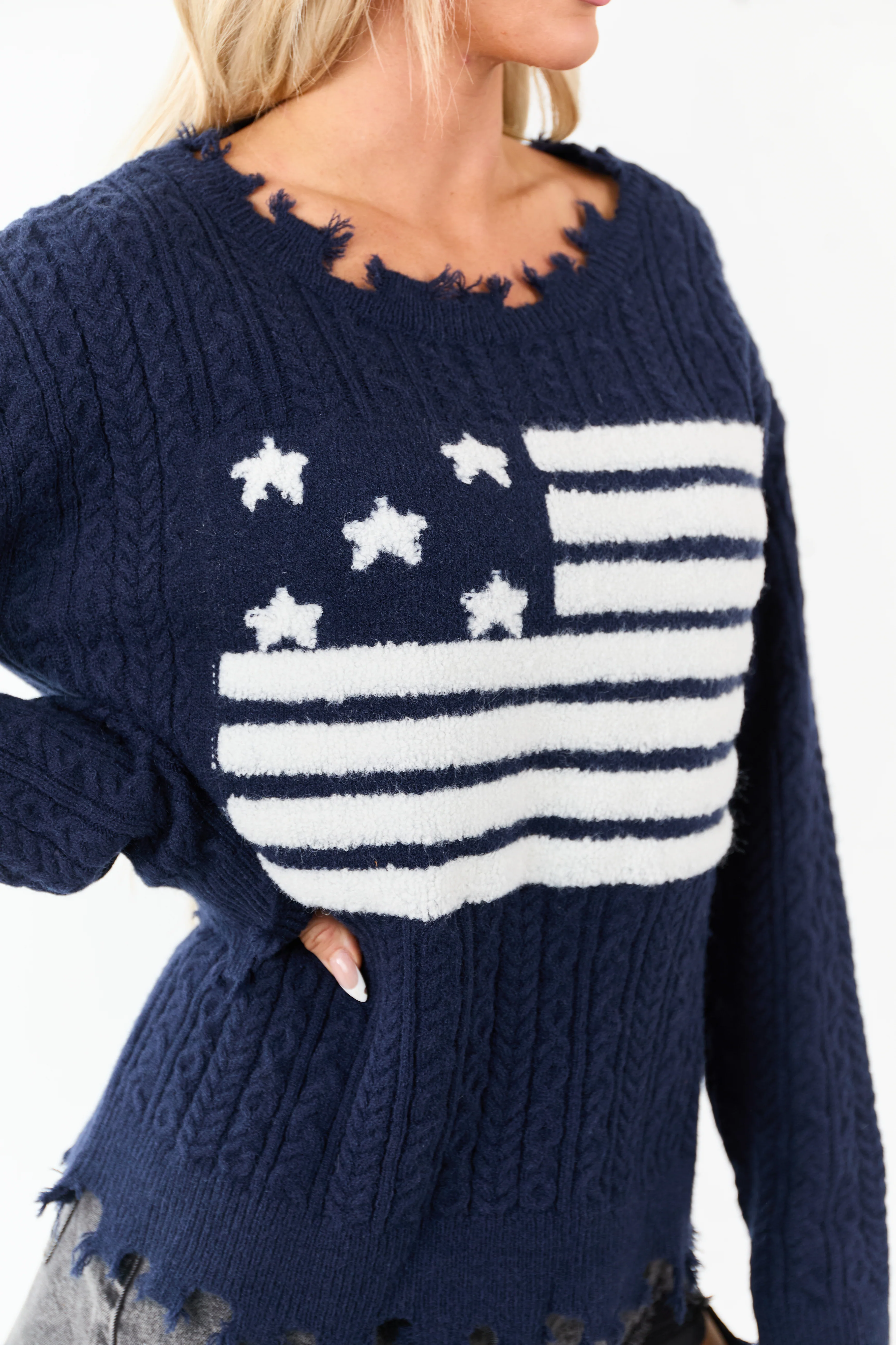 Navy American Flag Graphic Shredded Trim Sweater - Image 6