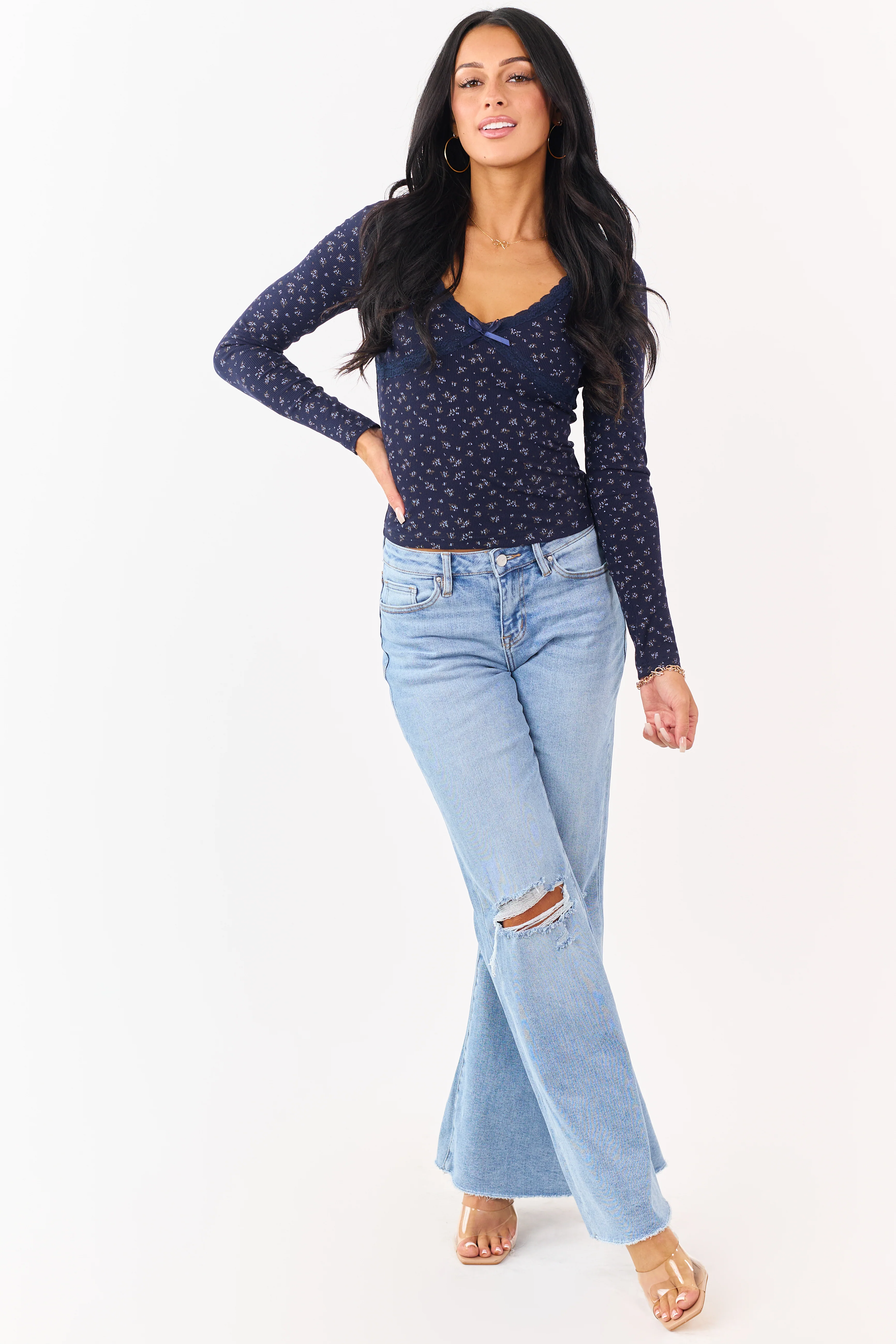 Navy Blue Floral Print Lace Trim Long Sleeve Top - Image 3