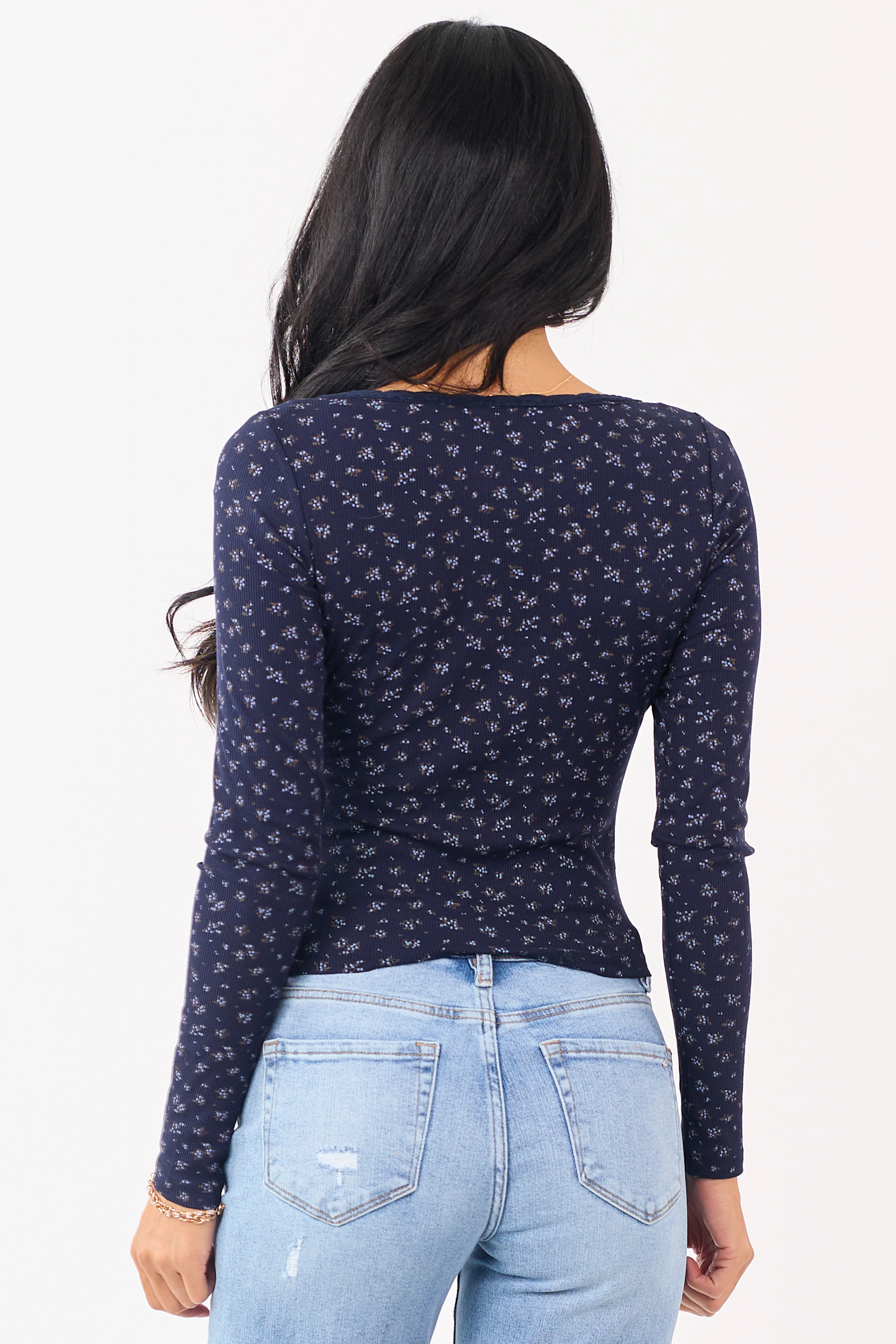 Navy Blue Floral Print Lace Trim Long Sleeve Top - Image 5