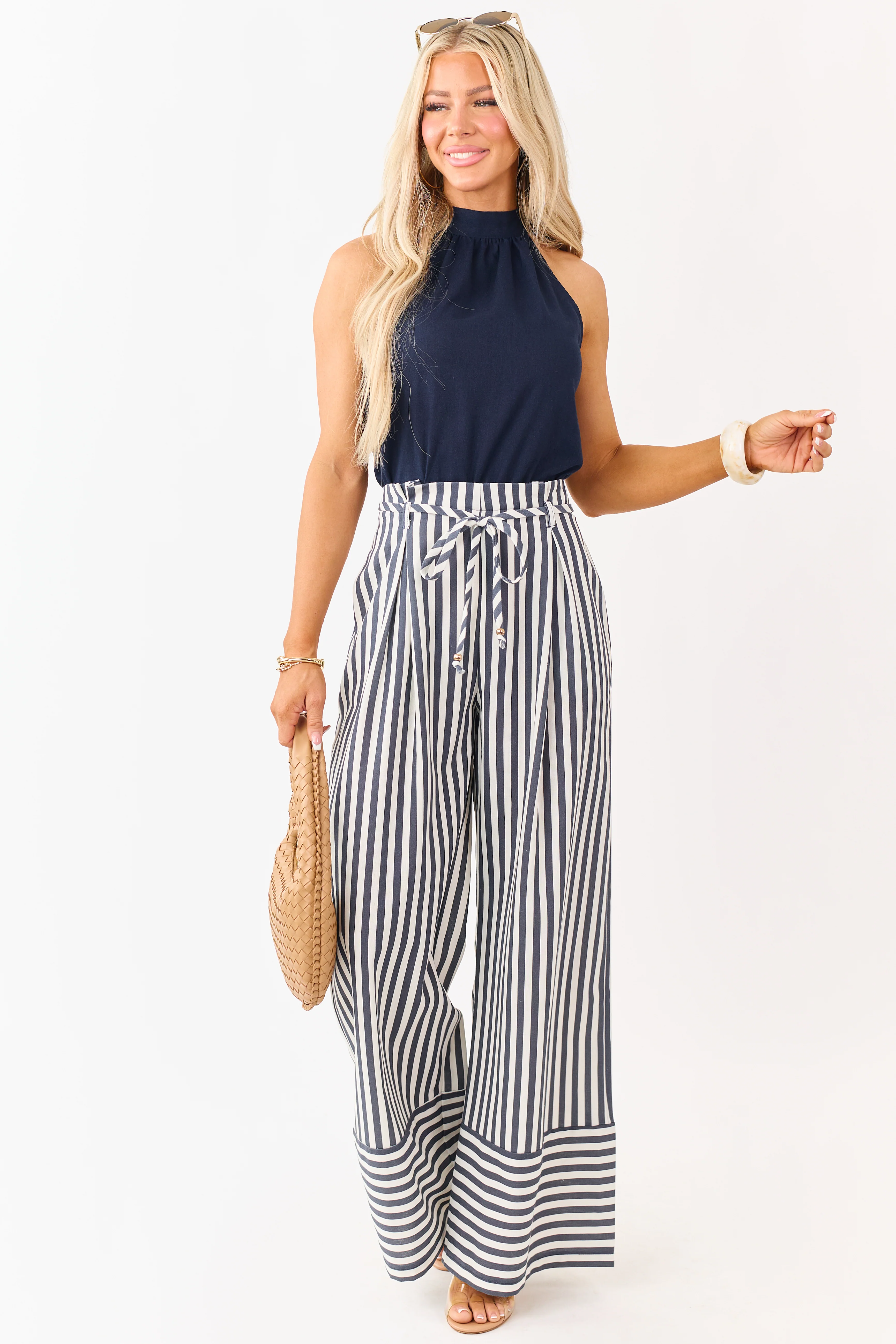 Navy Blue and White Striped Leg Halter Neck Jumpsuit - Image 2
