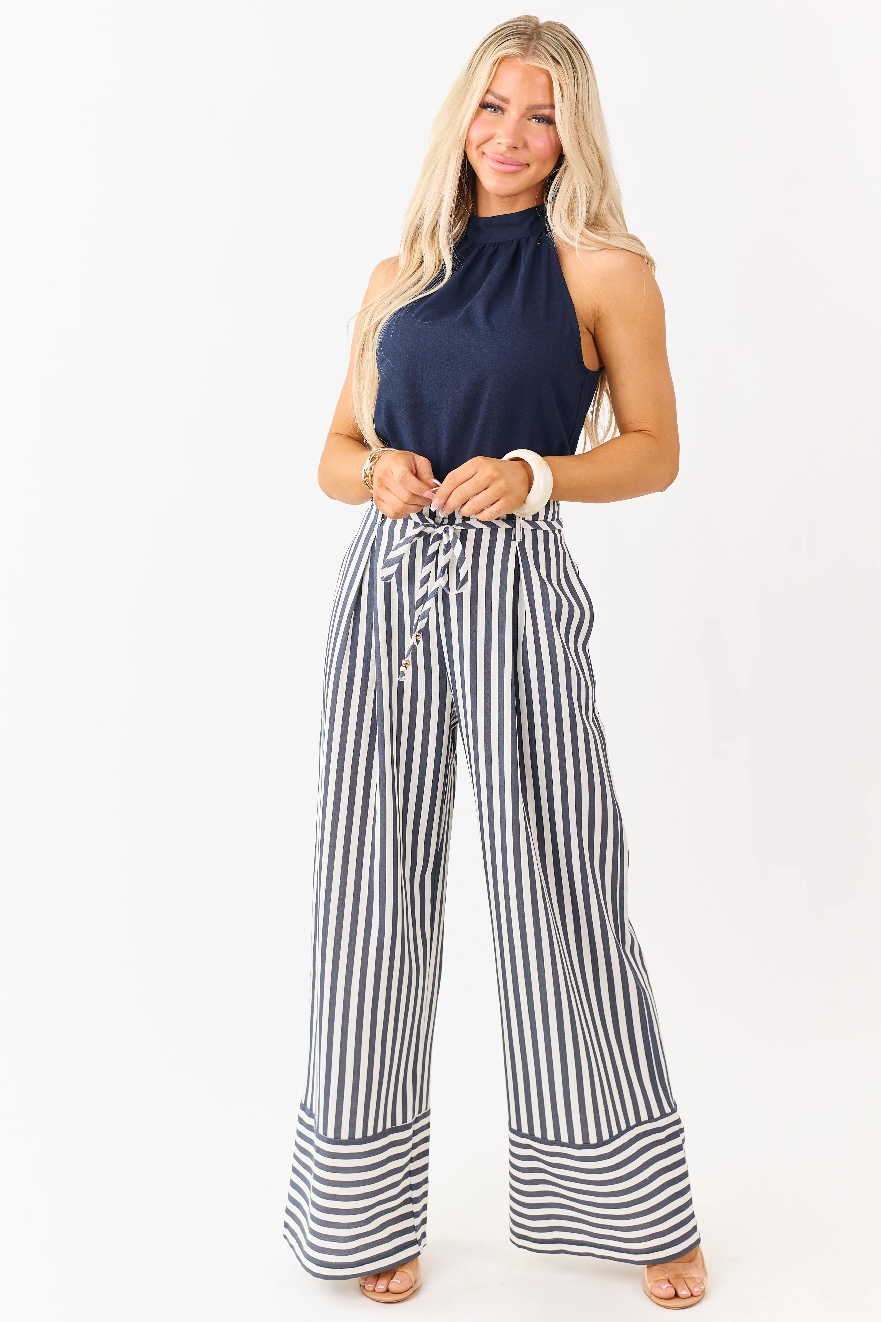 Navy Blue and White Striped Leg Halter Neck Jumpsuit - Image 3