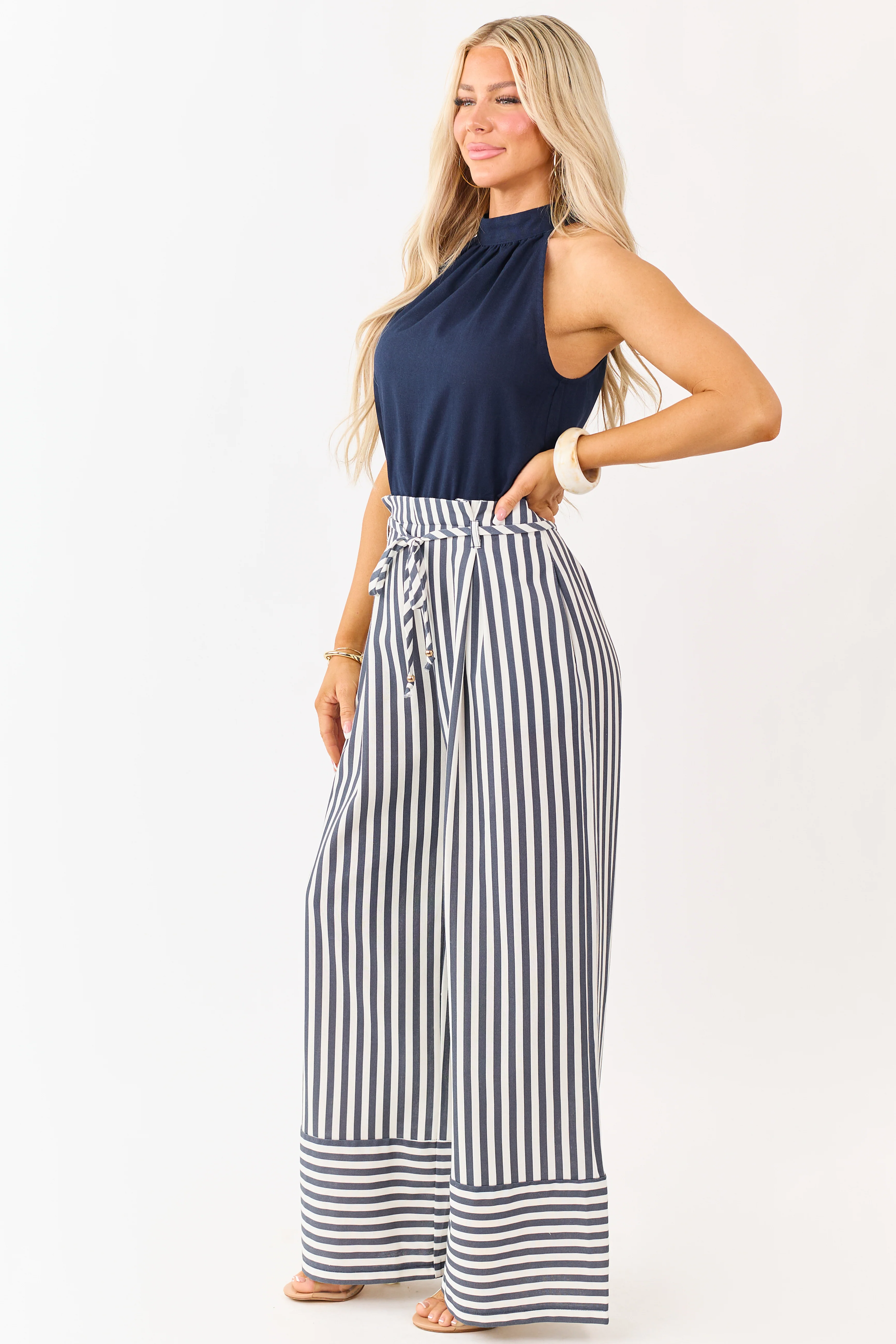 Navy Blue and White Striped Leg Halter Neck Jumpsuit - Image 4