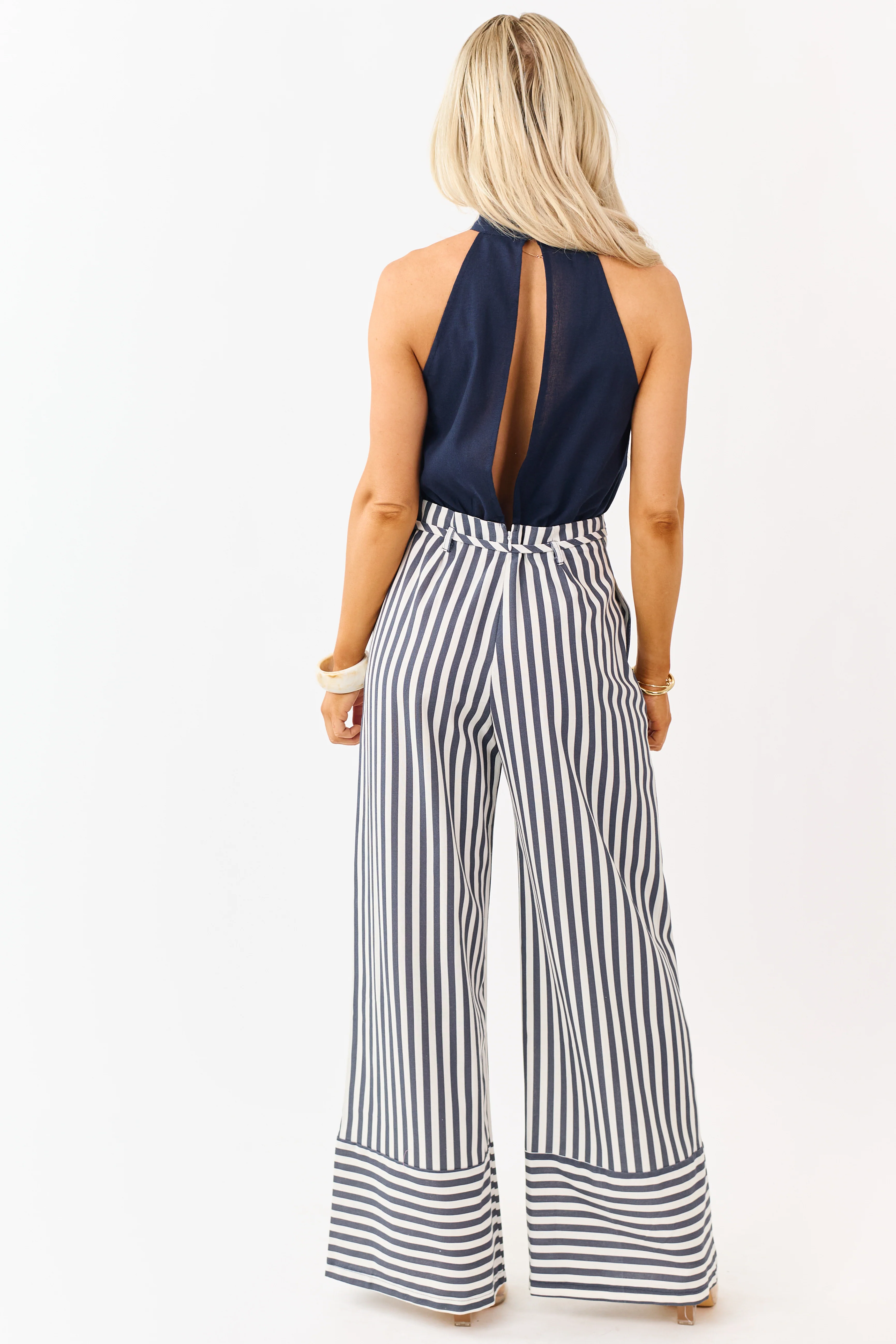 Navy Blue and White Striped Leg Halter Neck Jumpsuit - Image 5