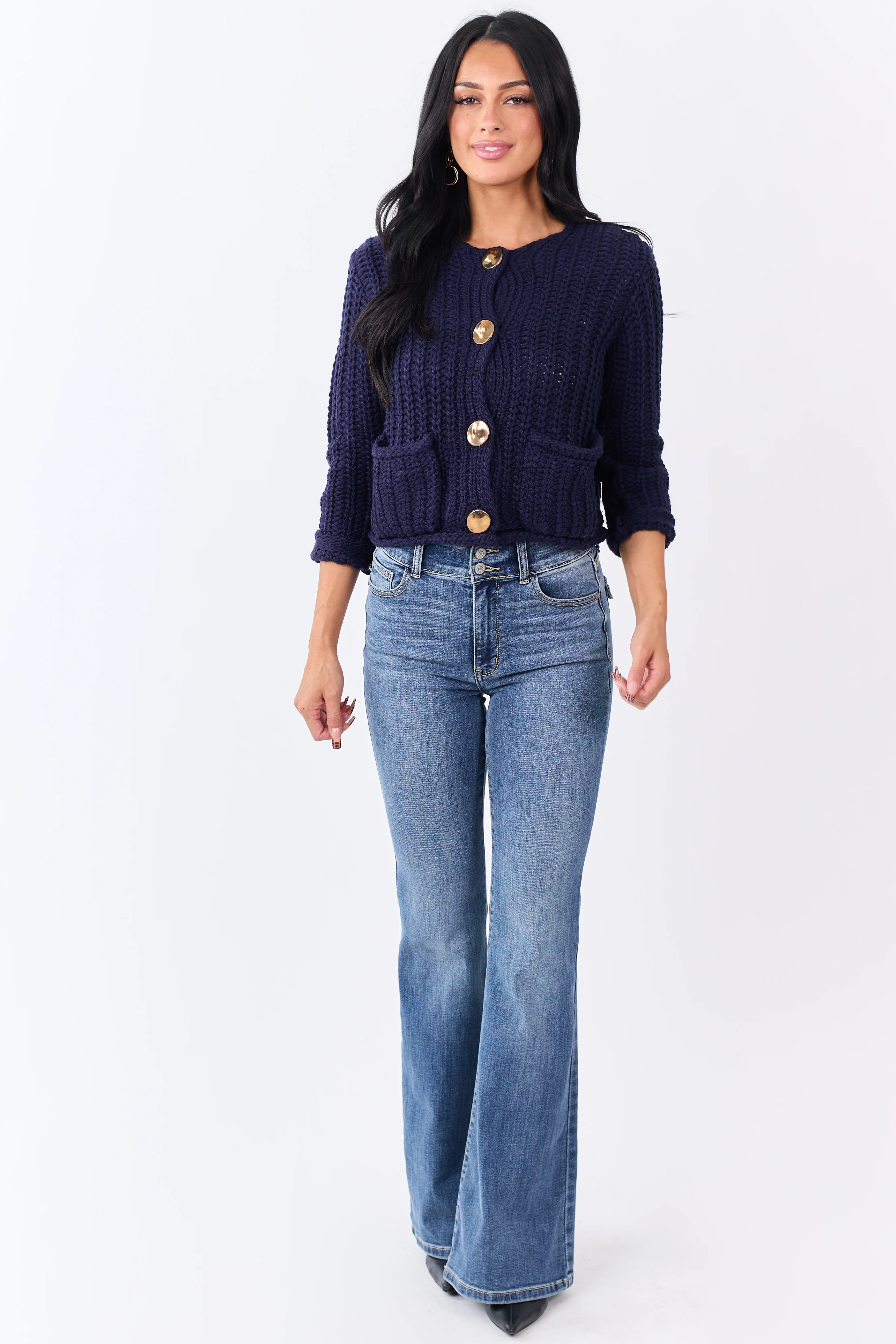 Navy Chunky Rib Knit Button Down Cardigan - Image 3